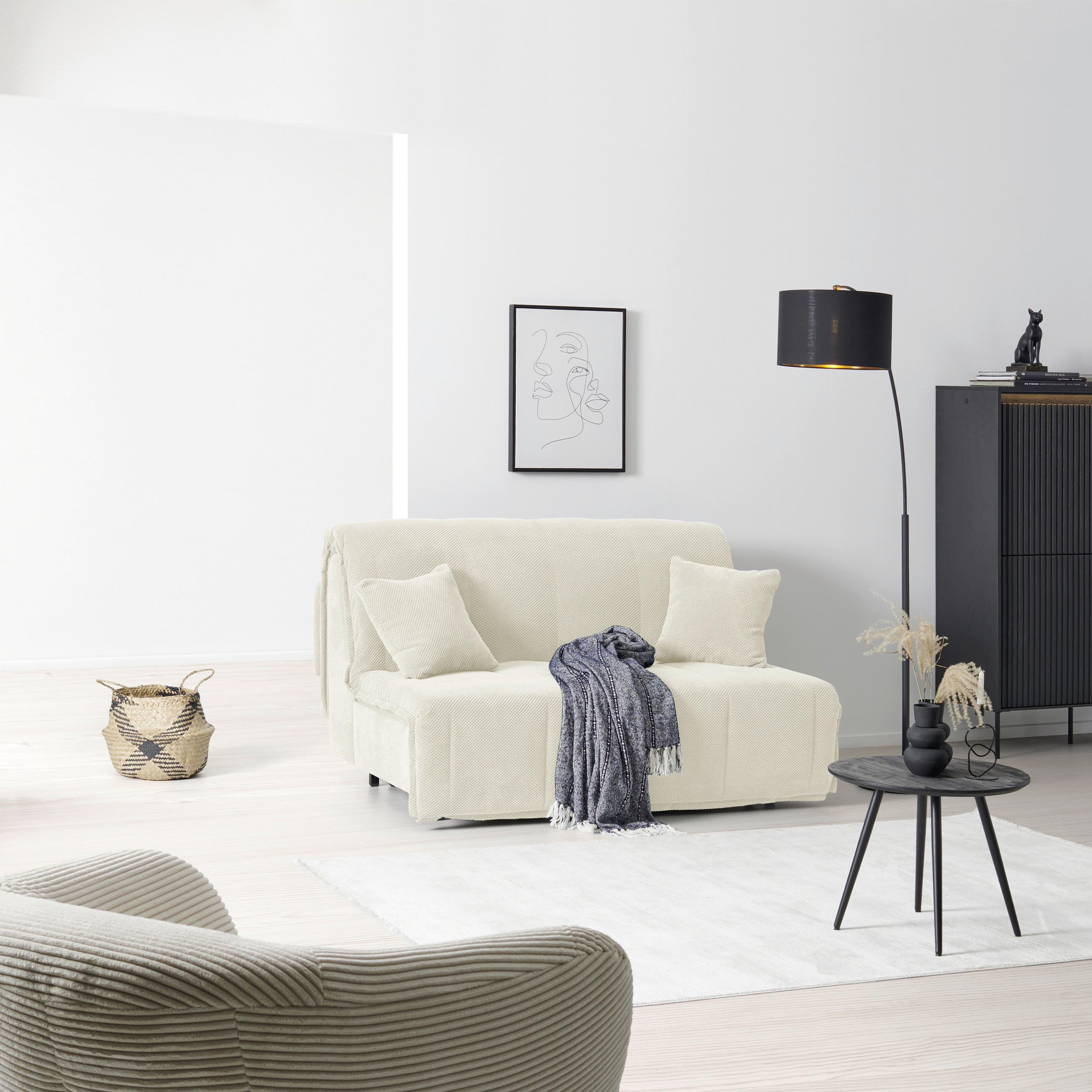 SCHLAFSOFA Velours Creme  - Creme/Schwarz, Design, Kunststoff/Textil (148/88/110cm) - Livetastic