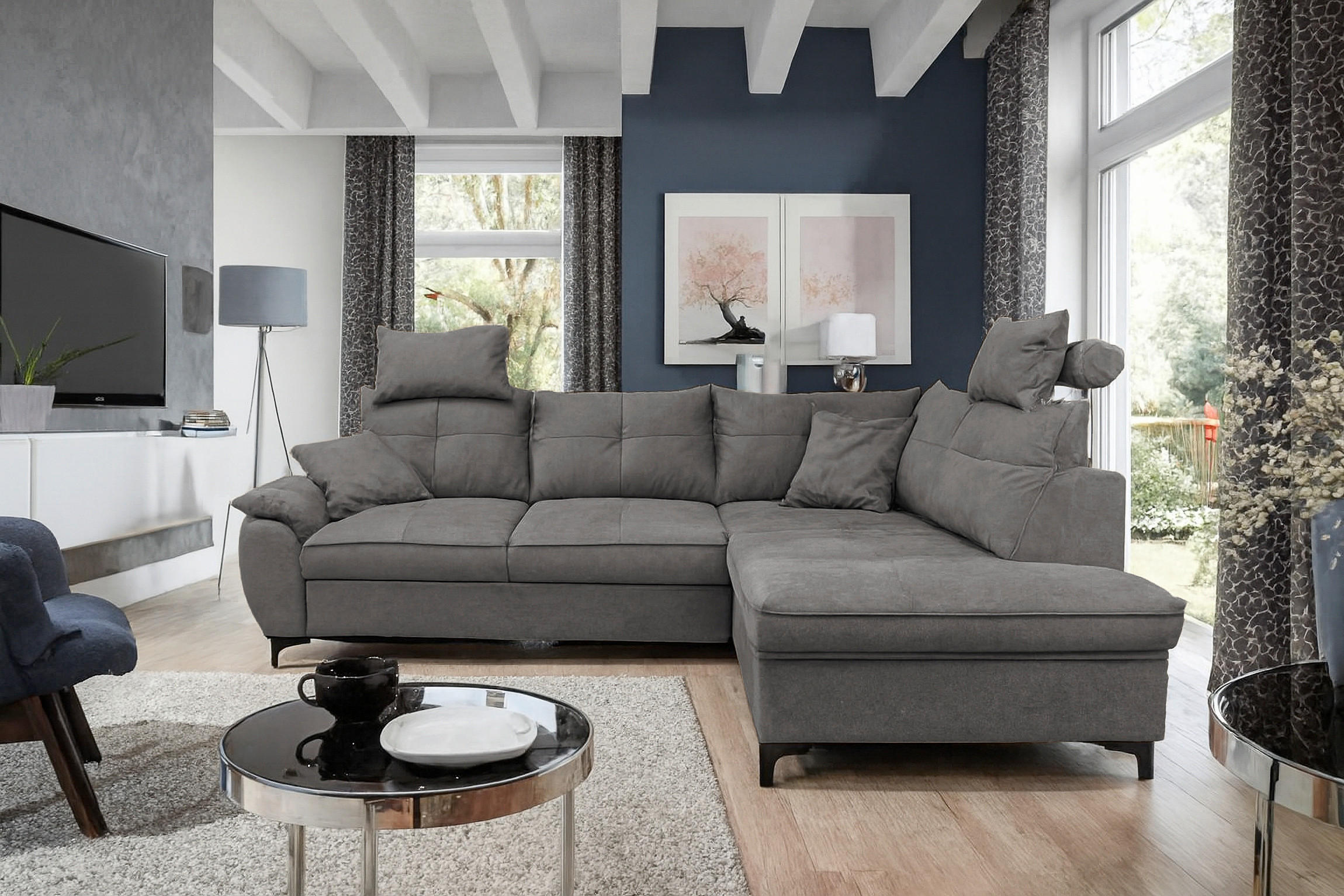 ECKSOFA SOLEI Dunkelgrau Chenille Zierkissen, Bettkasten, Kopfstütze  - Dunkelgrau/Schwarz, Design, Kunststoff/Textil (265/203cm) - MID.YOU