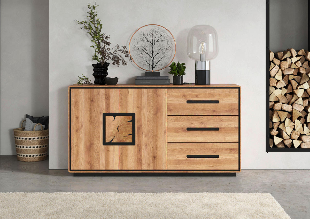 SIDEBOARD  146/77/40 cm 3 Schublade(n)  - Wildeiche/Schwarz, Basics, Holz (146/77/40cm) - Livetastic