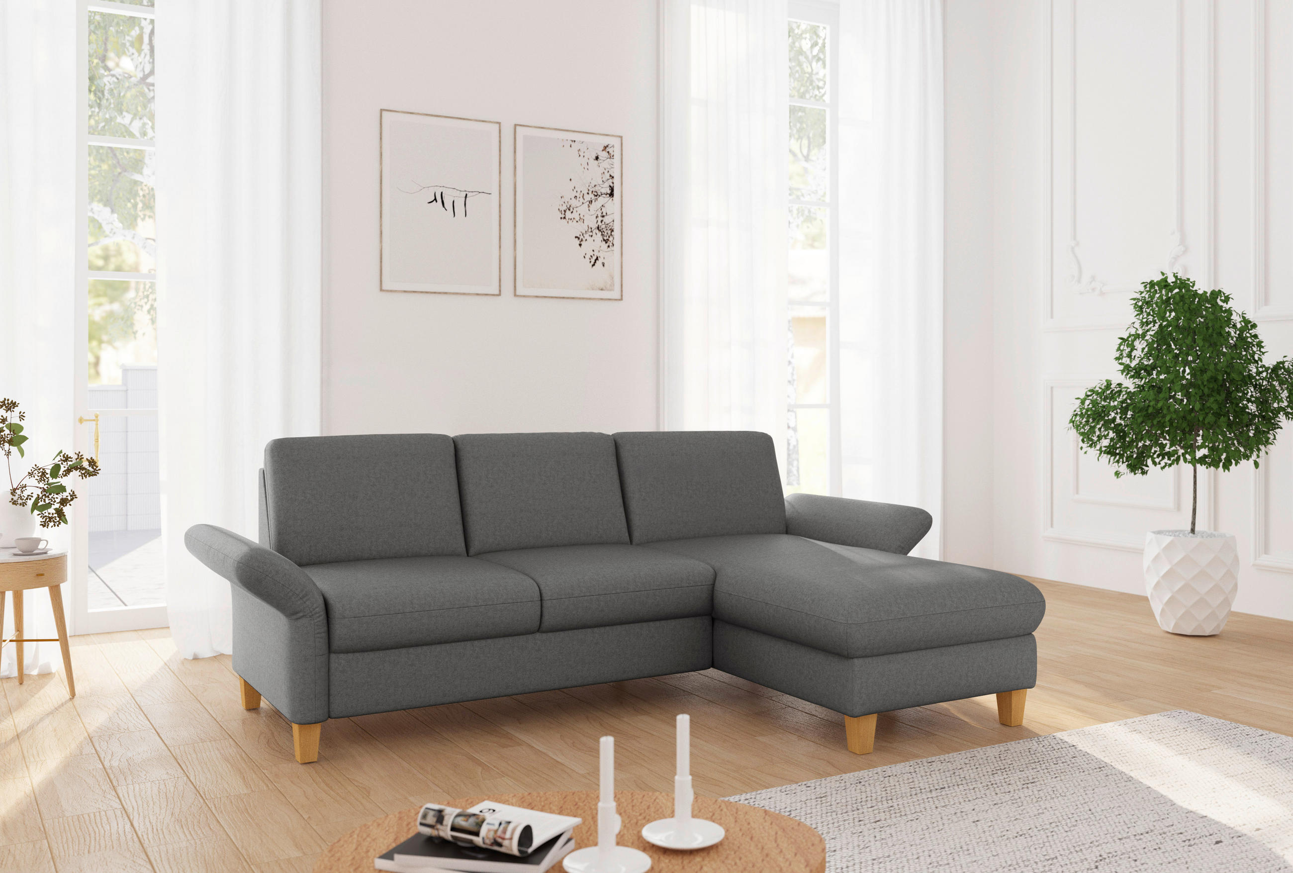 ECKSOFA ROCHELLE E Dunkelgrau Flachgewebe  - Eichefarben/Dunkelgrau, KONVENTIONELL, Holz/Textil (251/164cm) - Sit & More
