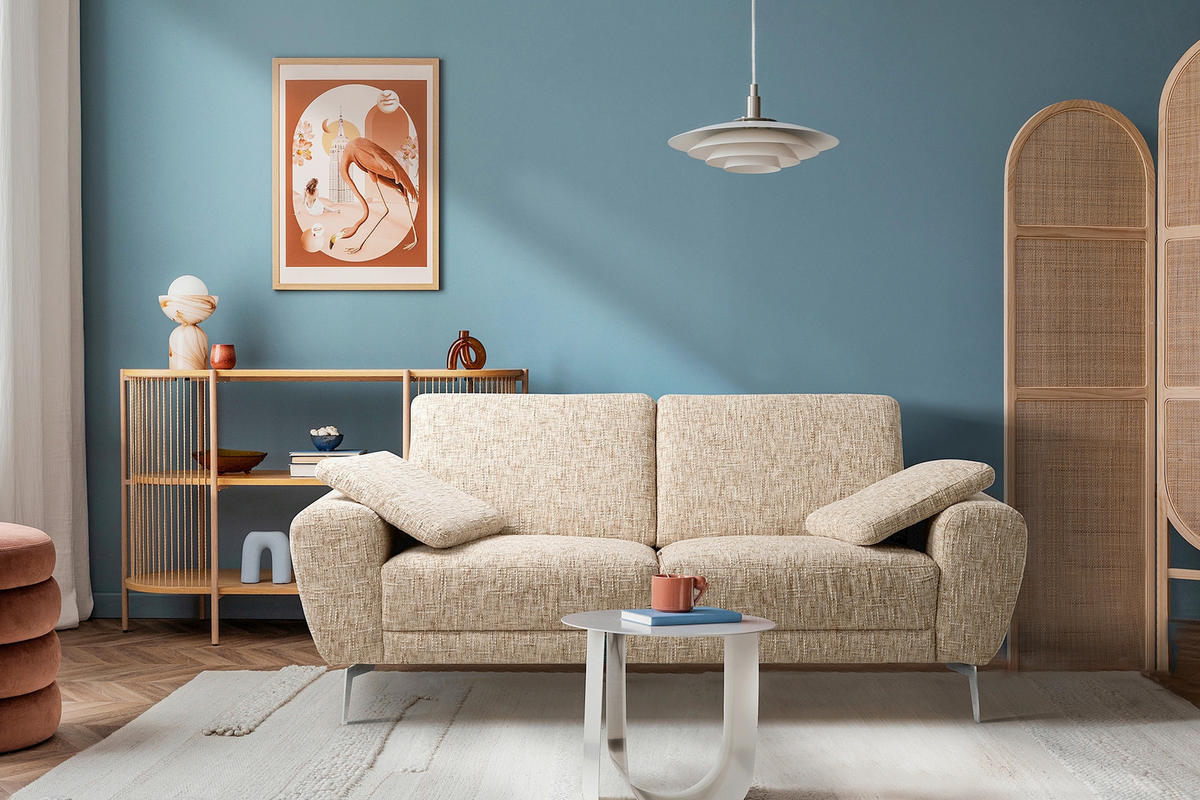 2-SITZER-SOFA Webstoff Beige  - Chromfarben/Beige, Design, Textil/Metall (157/85/92cm) - Livetastic