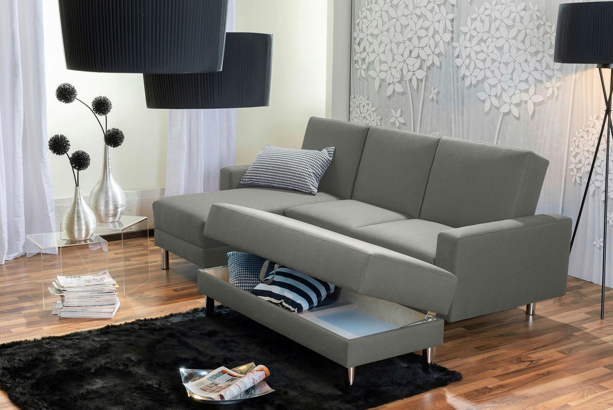 ECKSCHLAFSOFA inkl. Hocker in Hellgrau Textil   - Chromfarben/Hellgrau, Konventionell, Textil/Metall (152/230cm) - Max Winzer