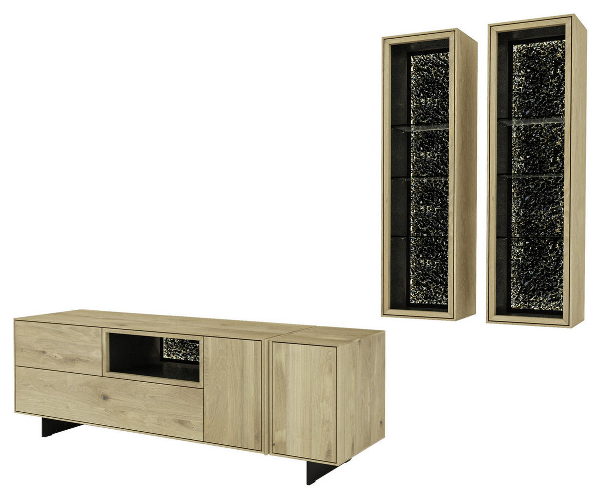 WOHNWAND  Eichefarben 272/202/50 cm  - Eichefarben/Schwarz, Natur, Glas/Leder (272/202/50cm) - Cassando