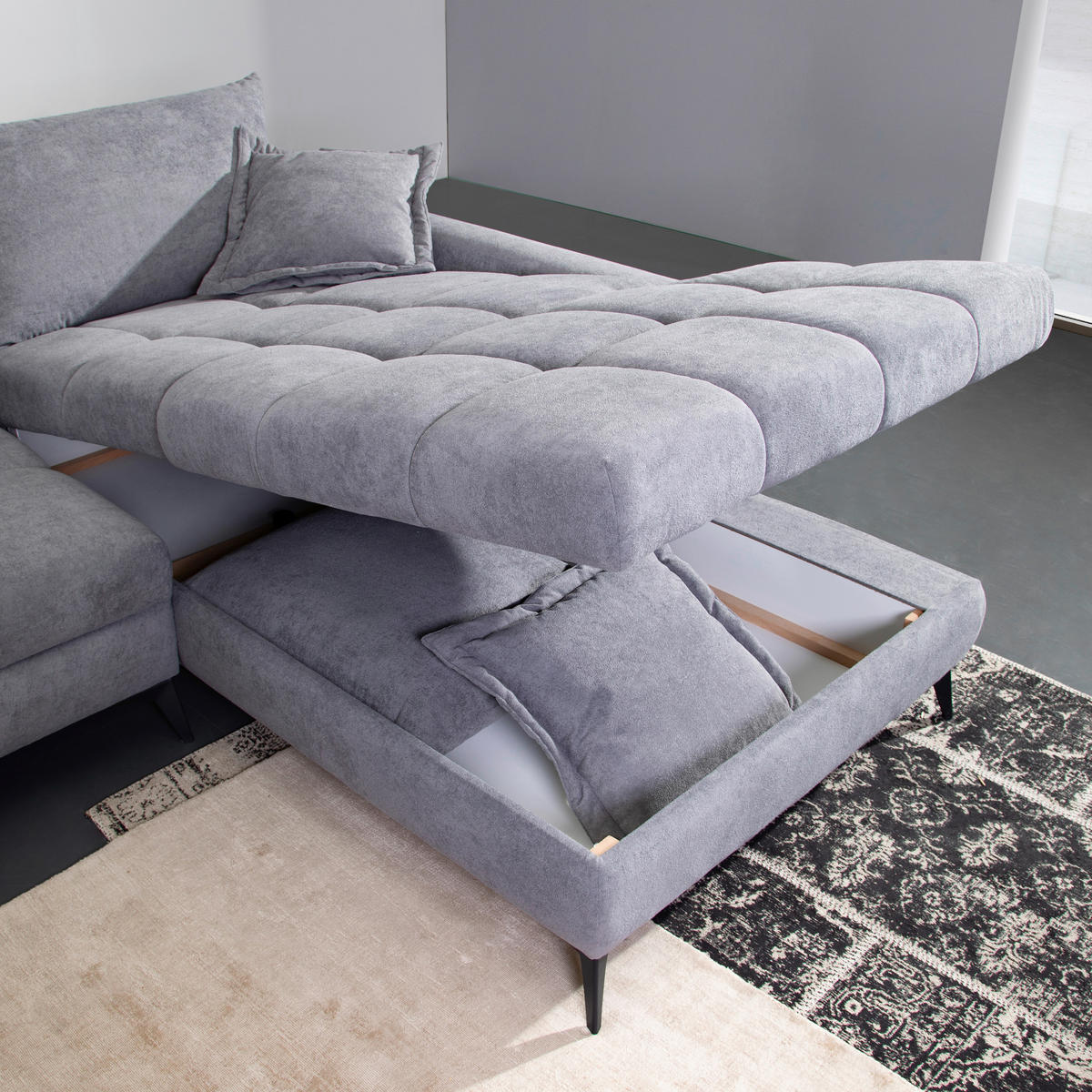 ECKSOFA Grau Flachgewebe  - Schwarz/Grau, Design, Textil/Metall (307/224cm) - Stylife