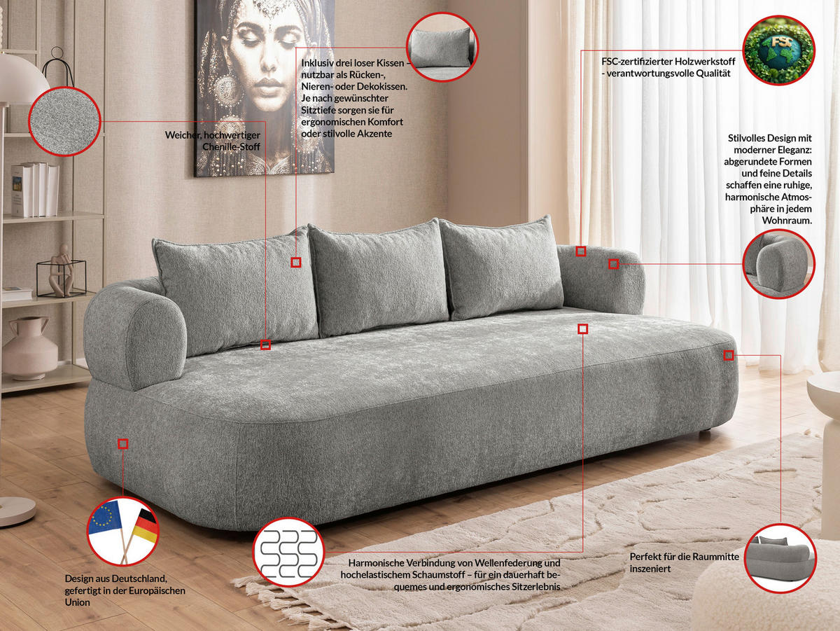 BIGSOFA in Chenille Grau  - Schwarz/Grau, Design, Kunststoff/Textil (240/76/122cm) - Livetastic
