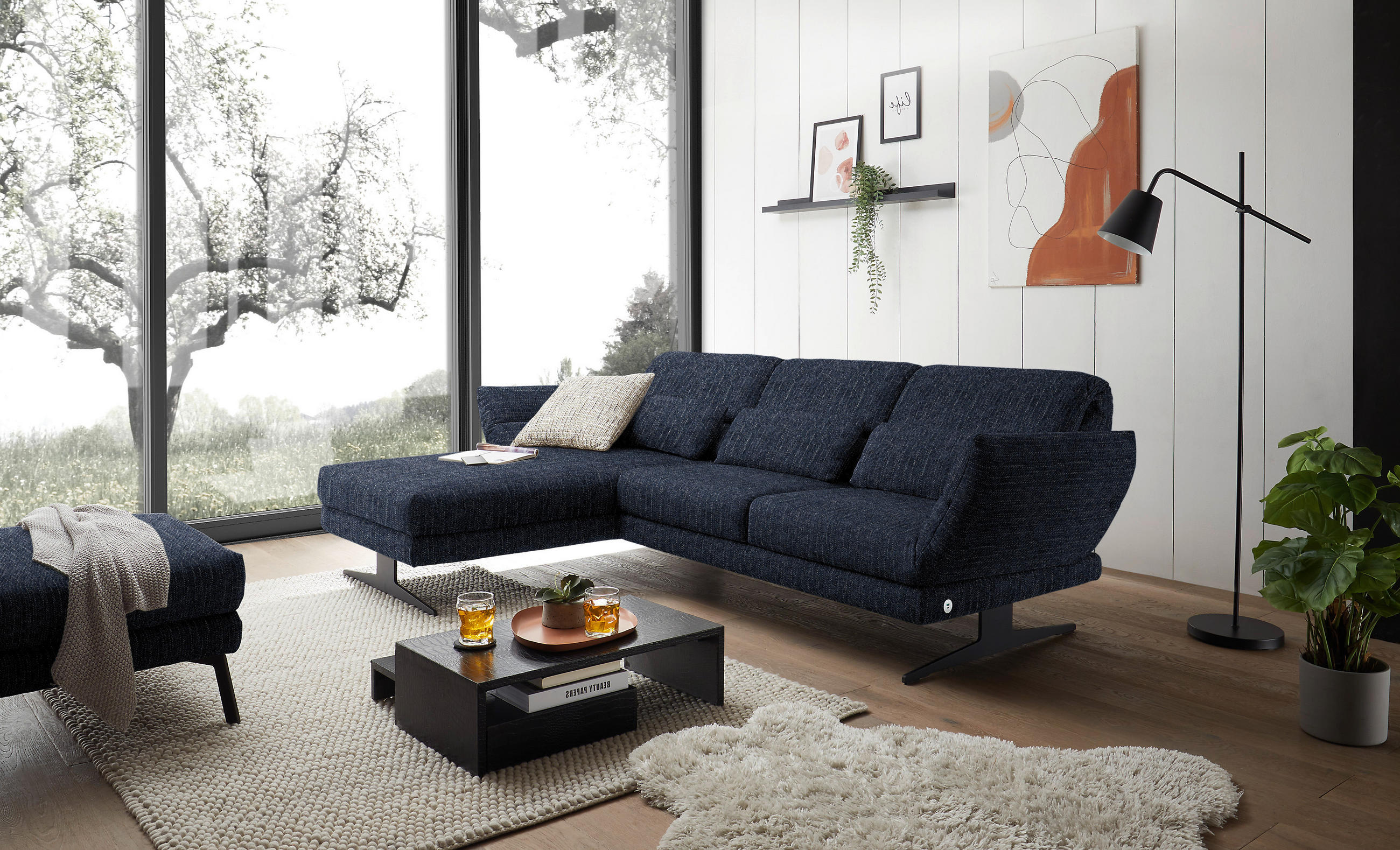 ECKSOFA in Flachgewebe Dunkelblau  - Schwarz/Dunkelblau, Design, Textil/Metall (176-217/279-327cm) - Dieter Knoll