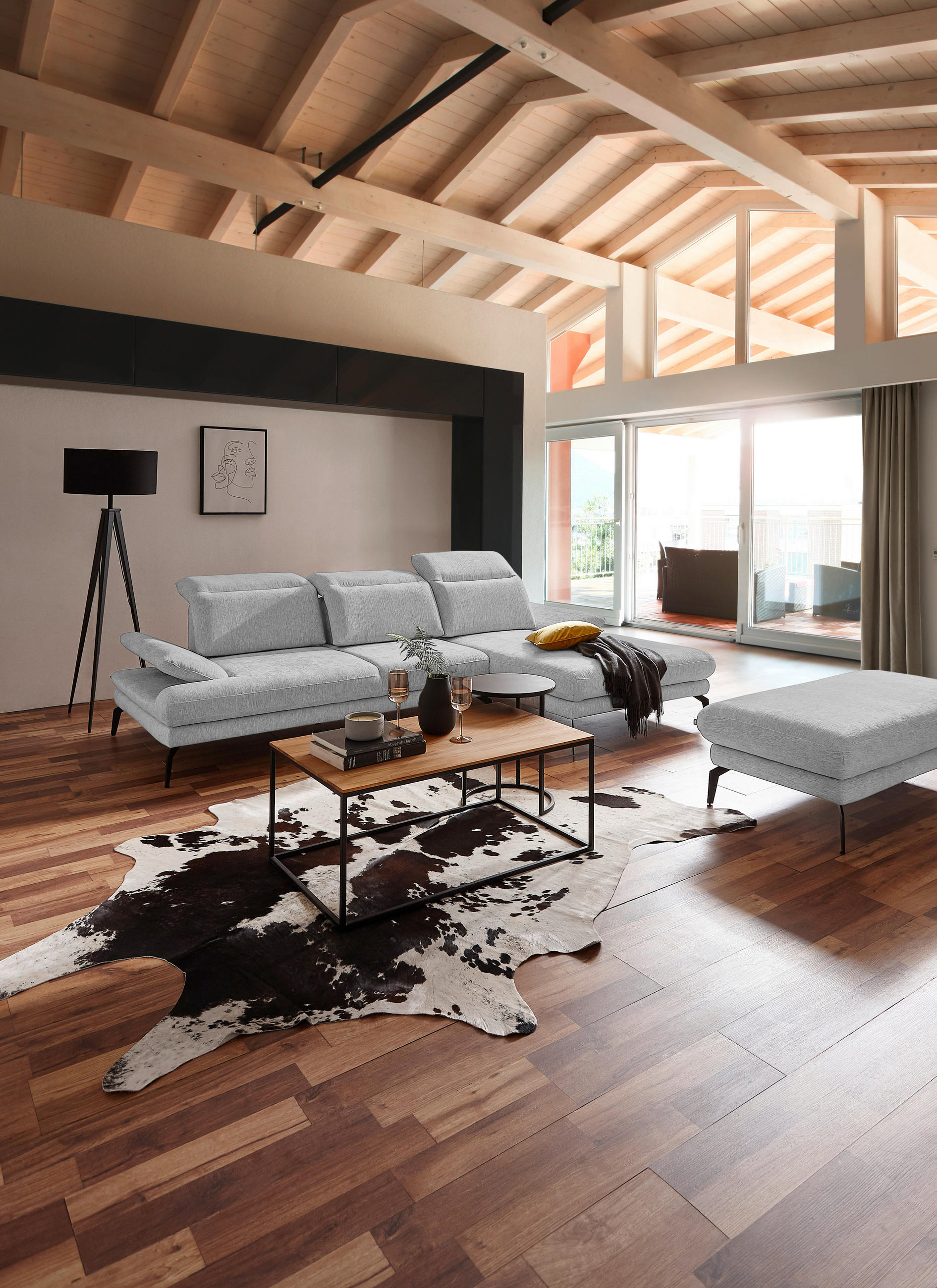 ECKSOFA inkl. Funktionen Grau Webstoff  - Schwarz/Grau, Design, Textil/Metall (289/180cm) - Stylife
