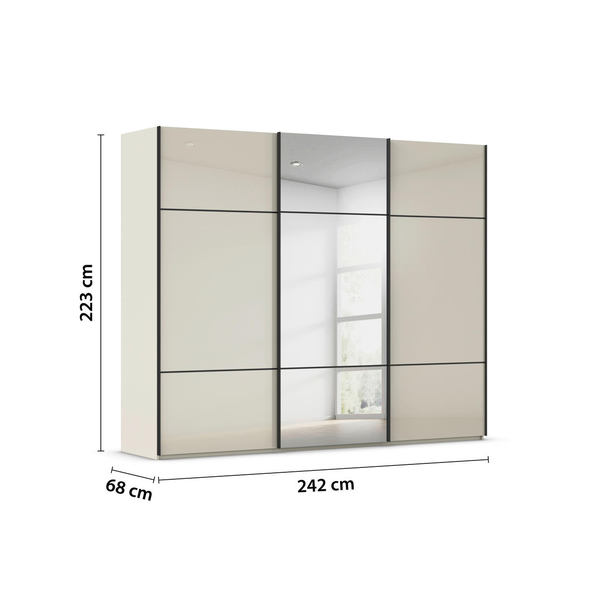 SCHWEBETÜRENSCHRANK 242/223/68 cm 3-türig Champagner  - Champagner/Schwarz, KONVENTIONELL, Glas/Holzwerkstoff (242/223/68cm) - Novel