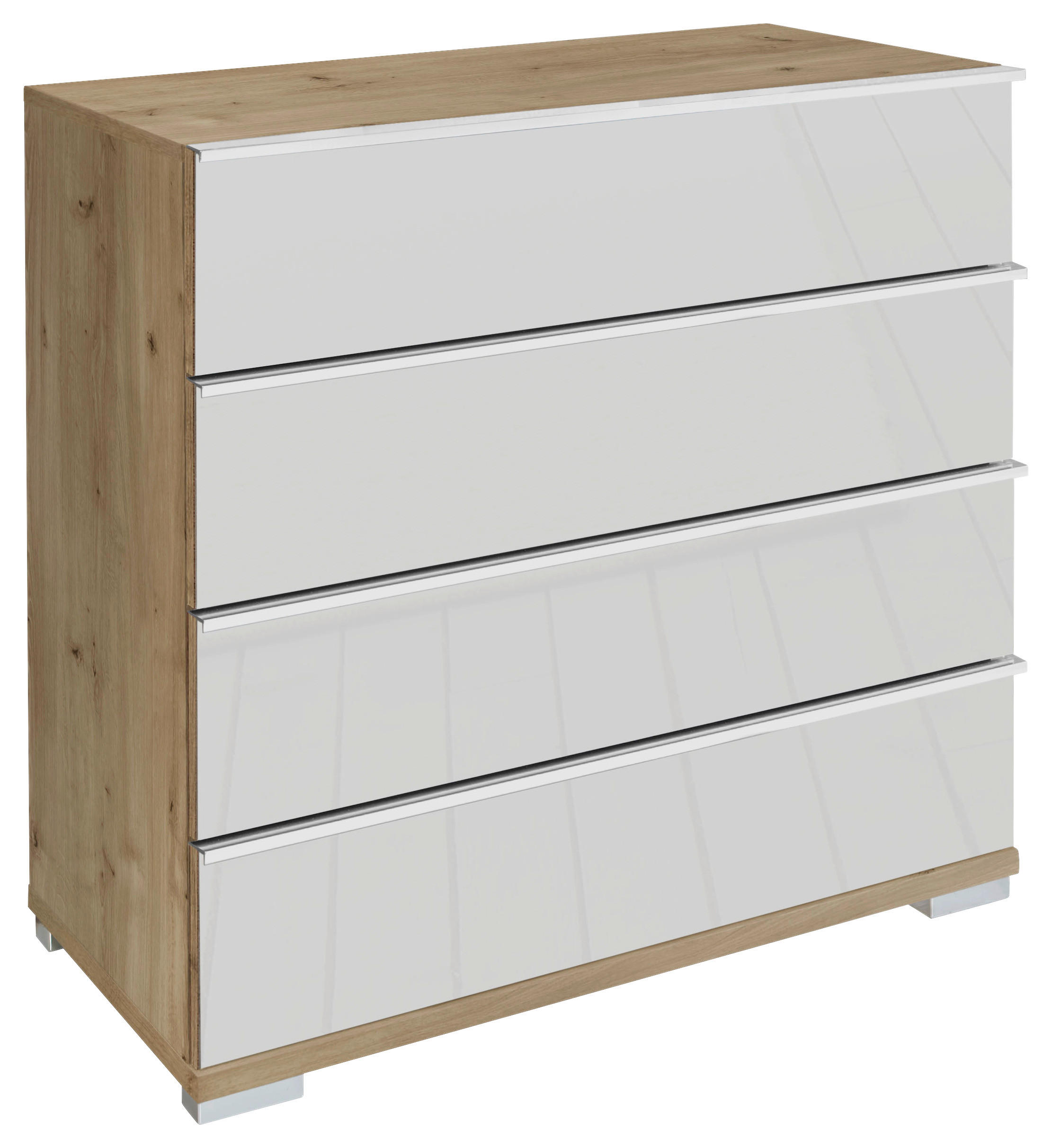 KOMMODE , 75/82/42 cm, 4 Schublade(n)  - Chromfarben/Eiche Bianco, Basics, Glas/Holzwerkstoff (75/82/42cm) - Venda