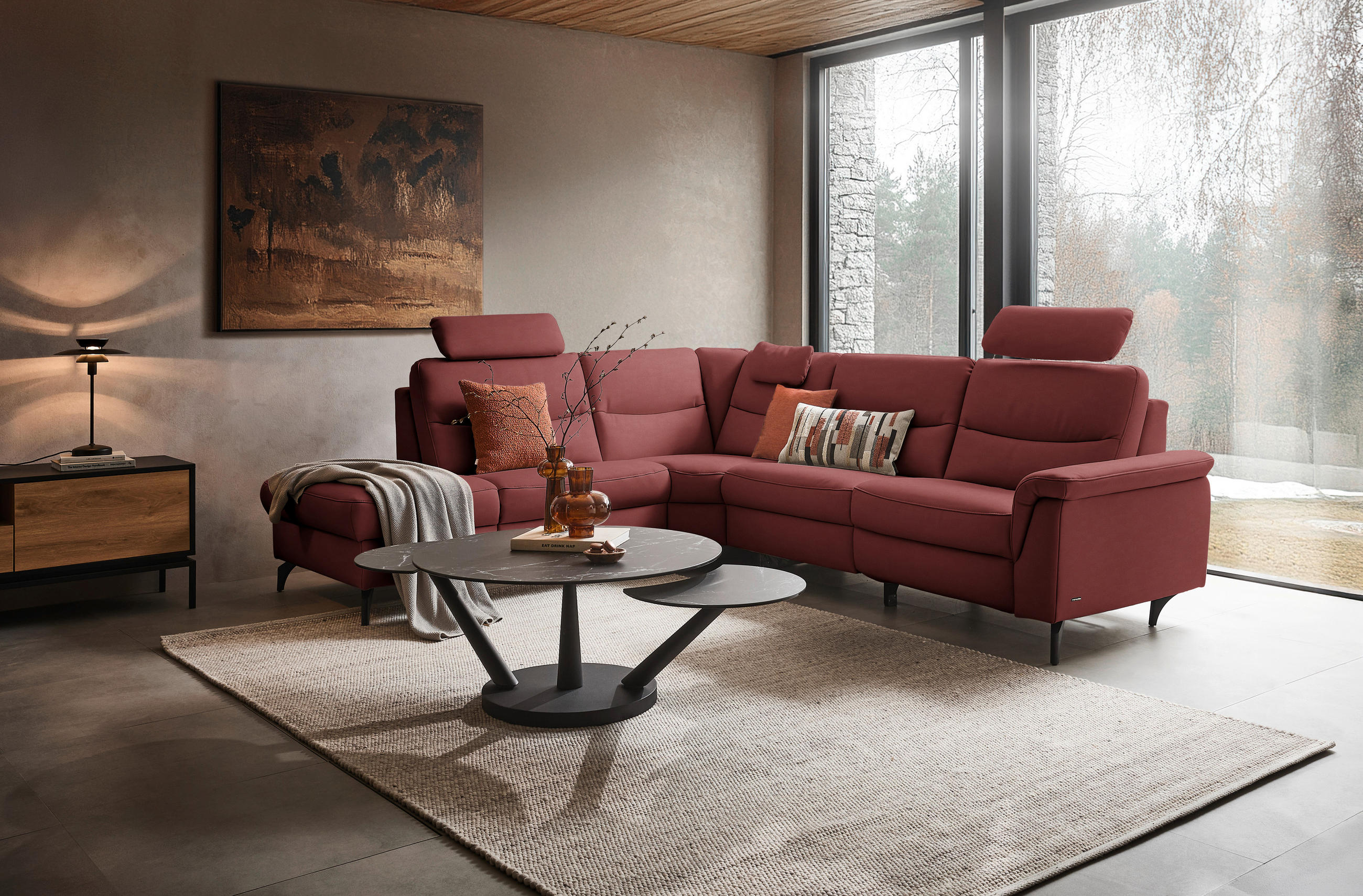 ECKSOFA in Echtleder Rot  249/280 cm  - Anthrazit/Rot, Design, Leder/Metall (249/280cm) - Himolla Komfortklass