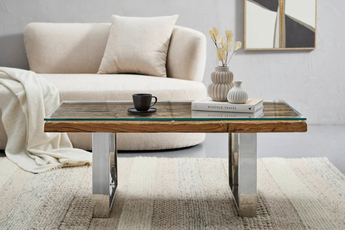 COUCHTISCH Altholz vollmassiv Klarglas 110/60/42 cm rechteckig Naturfarben  - Naturfarben, Design, Glas/Holz (110/60/42cm) - Livetastic