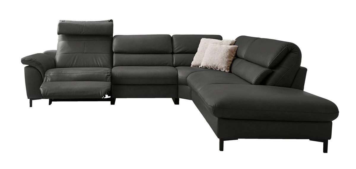 ECKSOFA Valdera Schwarz Echtleder  - Schwarz, Design, Leder/Metall (280/246cm) - Hukla