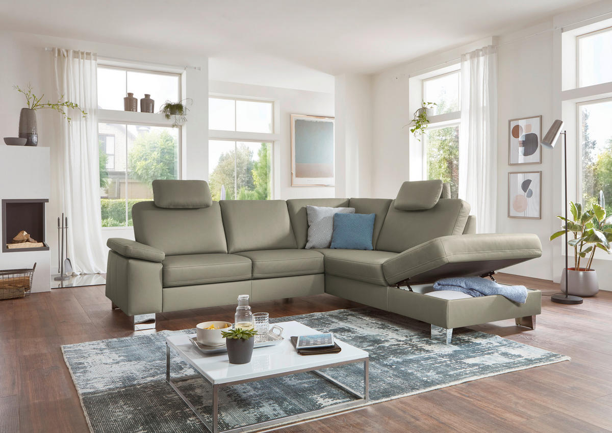 ECKSOFA  in Echtleder Grau  248/235 cm  - Beige/Alufarben, Design, Leder/Metall (248/235cm) - Beldomo Premium