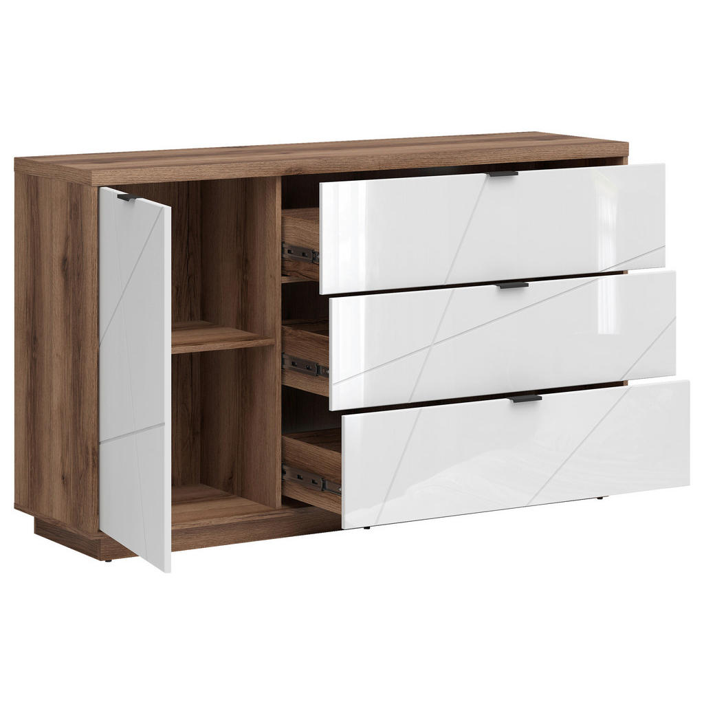 Thumbnail - Sideboard, Eiche, Weiß Hochglanz, Holzwerkstoff, 1 Fächer, 3 Schubladen, 156x93x42.5 cm, Wohnzimmer, Kommoden & Sideboar...