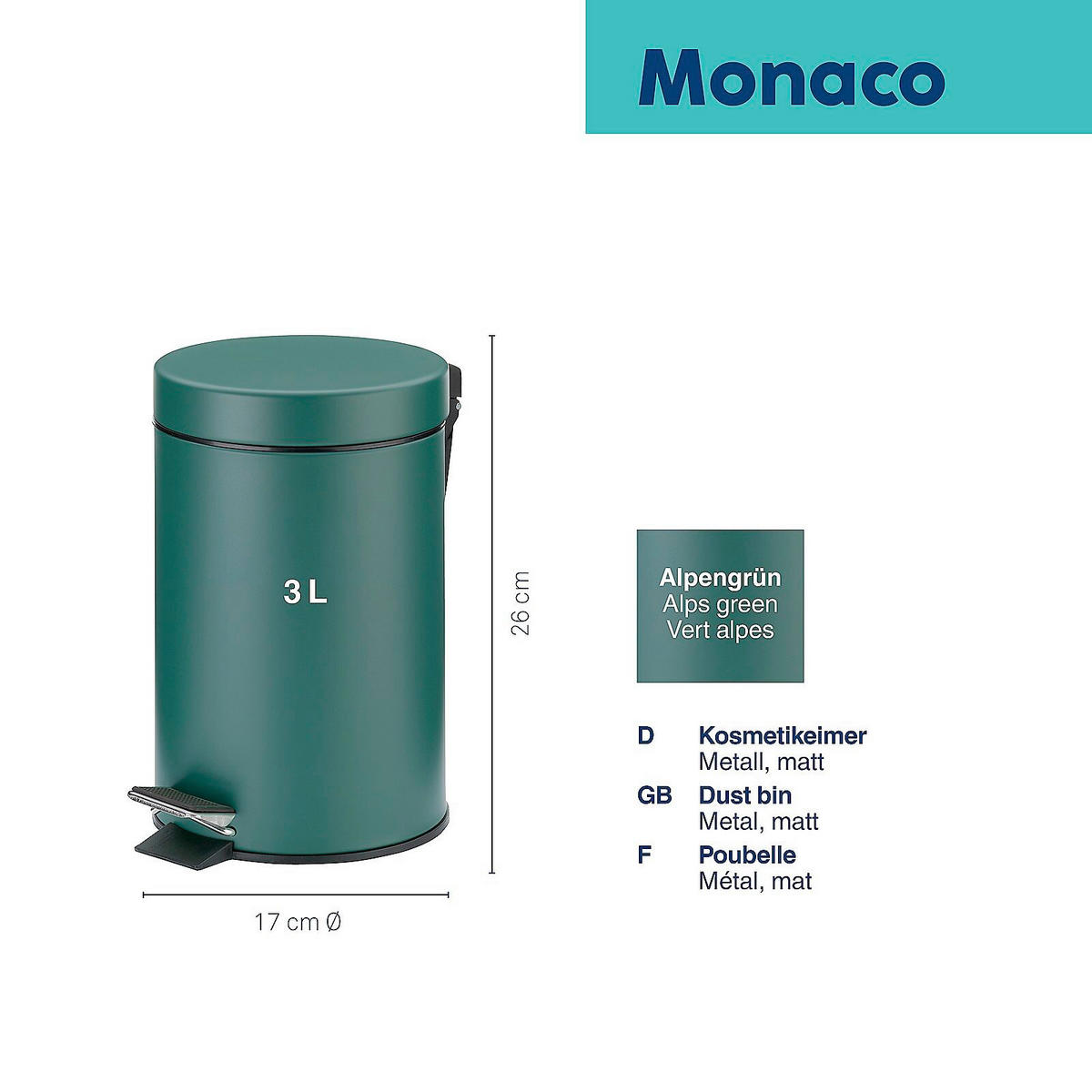KOSMETIKEIMER MONACO 3 L  - Dunkelgrün/Schwarz, Basics, Kunststoff/Metall (17/26cm) - Kela