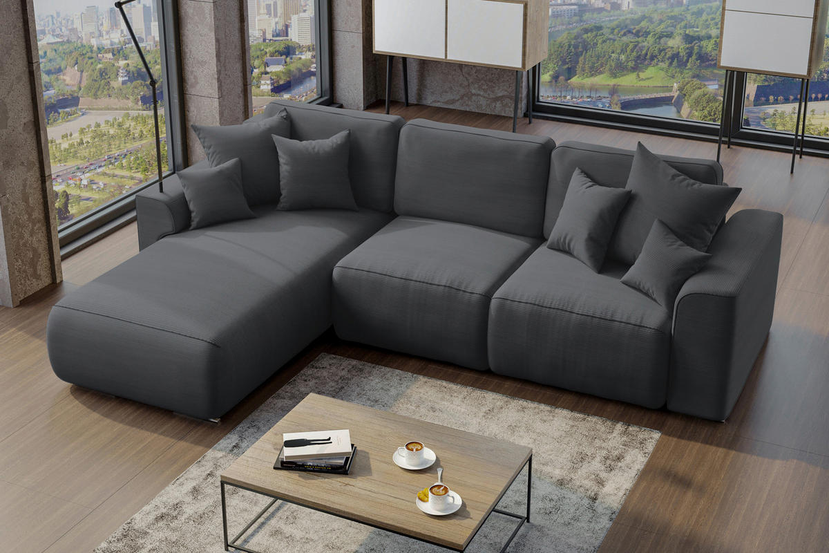 ECKSOFA in Cord Dunkelgrau  - Chromfarben/Dunkelgrau, Konventionell, Kunststoff/Textil (195/293cm) - MID.YOU