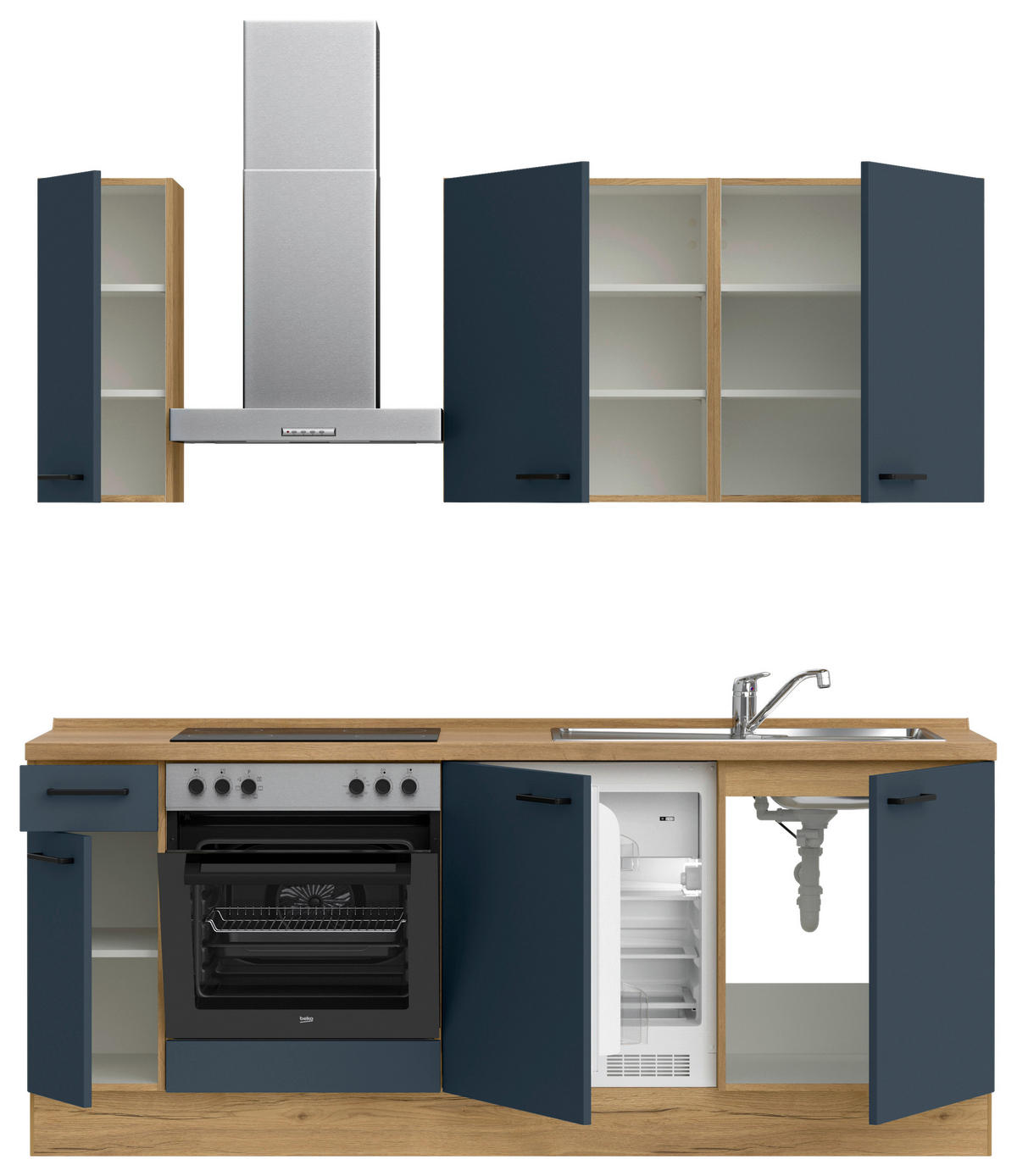 KÜCHENBLOCK 210 cm   in Eichefarben, Dunkelblau  - Eichefarben/Schwarz, MODERN, Holzwerkstoff/Metall (210cm) - Nobilia