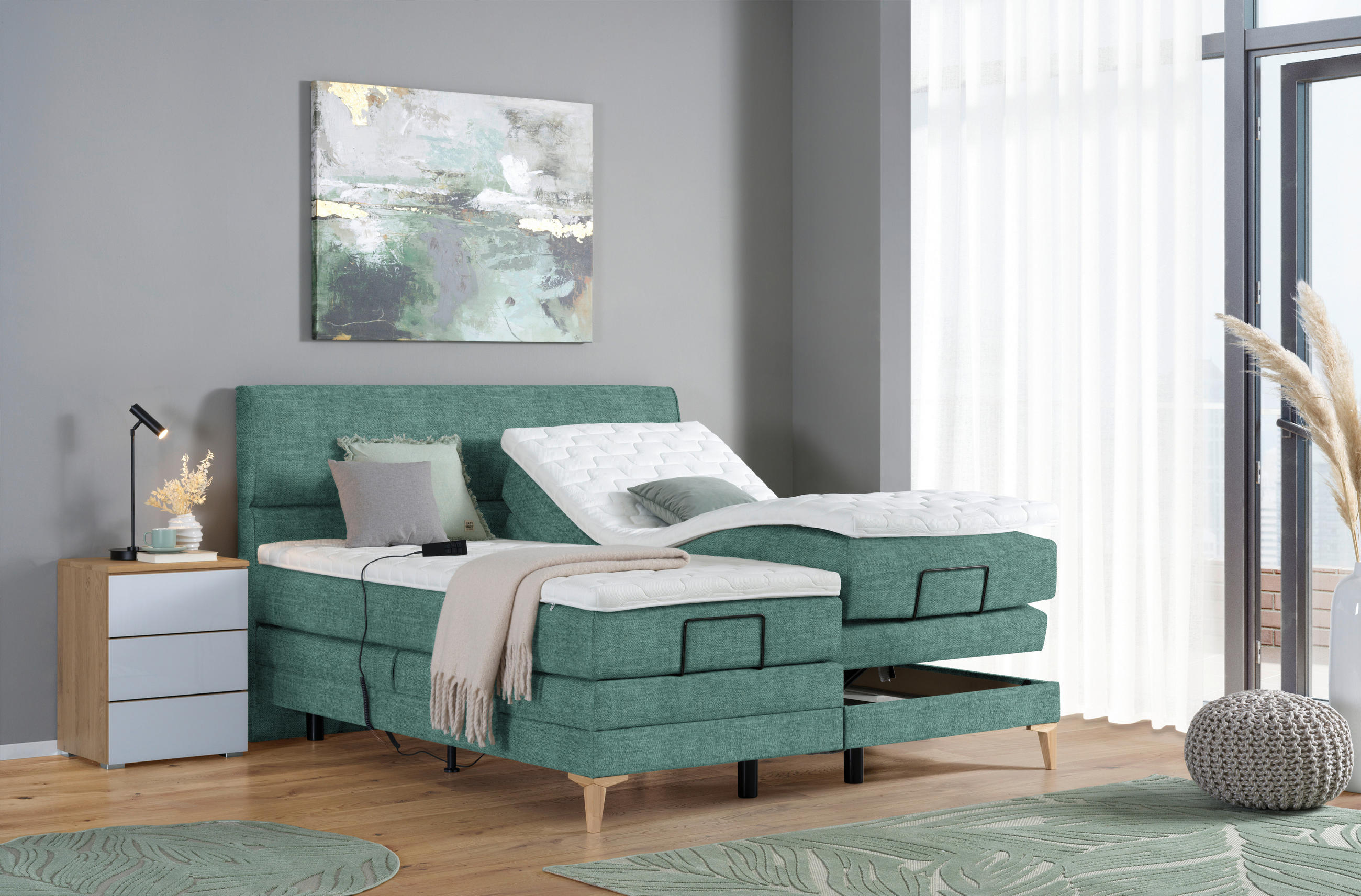 BOXSPRINGBETT 200/200 cm  in Petrol  - Eichefarben/Petrol, Konventionell, Holz/Textil (200/200cm) - Voleo