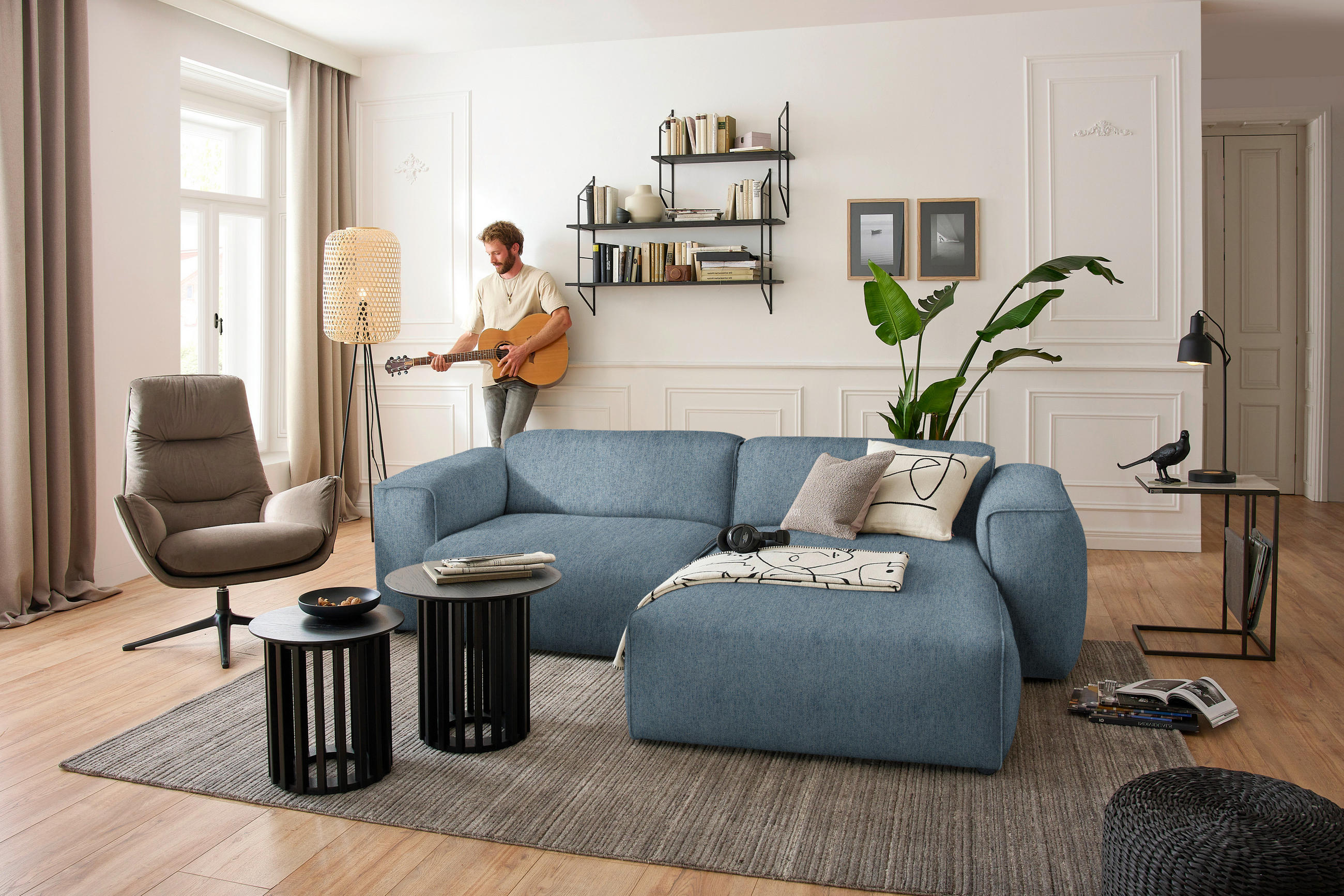 ECKSOFA in Webstoff Blau  265/171 cm  - Blau/Schwarz, Design, Kunststoff/Textil (265/171cm) - home24