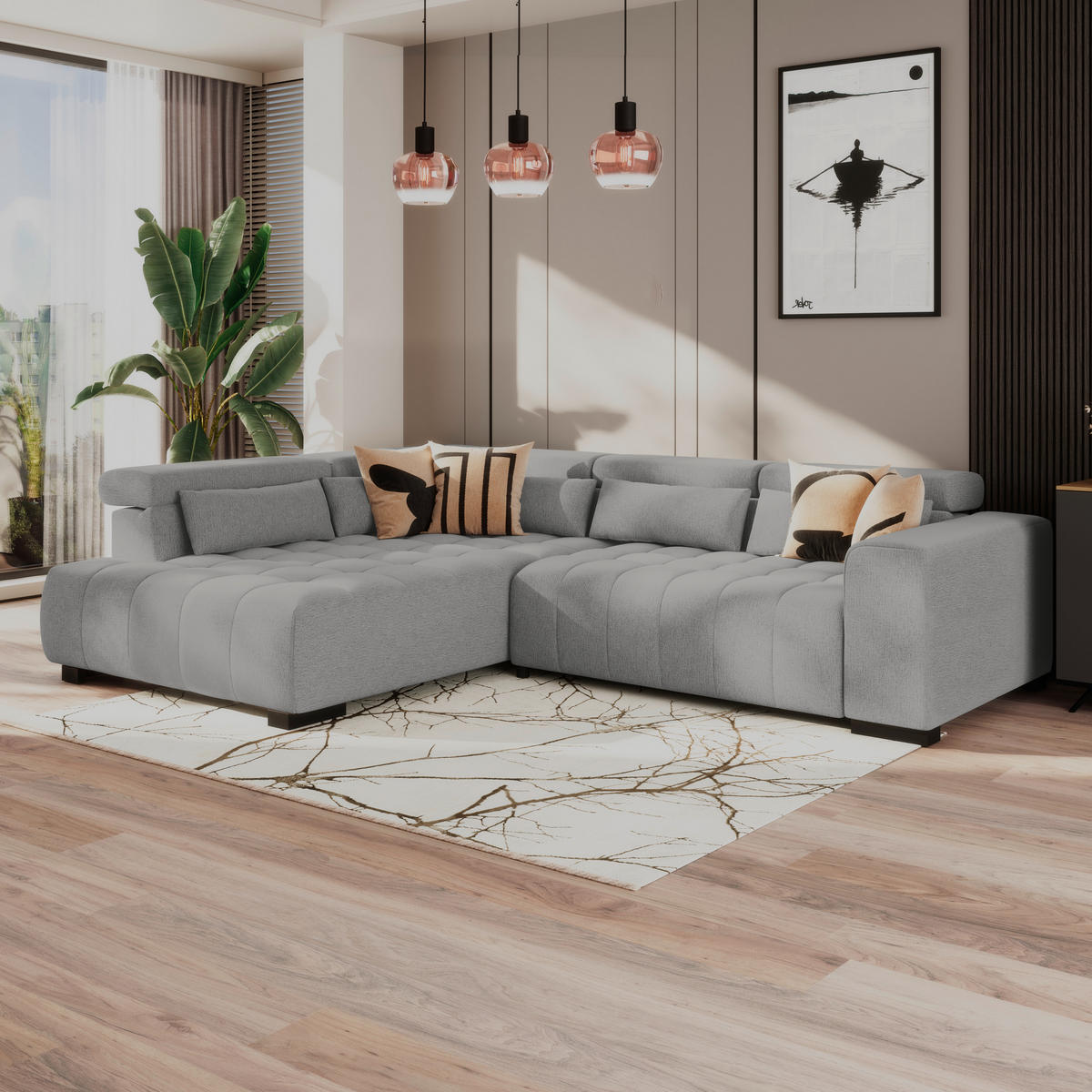 ECKSOFA Chenille, Struktur Dunkelgrau  - Dunkelgrau/Schwarz, Trend, Holz/Textil (226/311cm) - MID.YOU