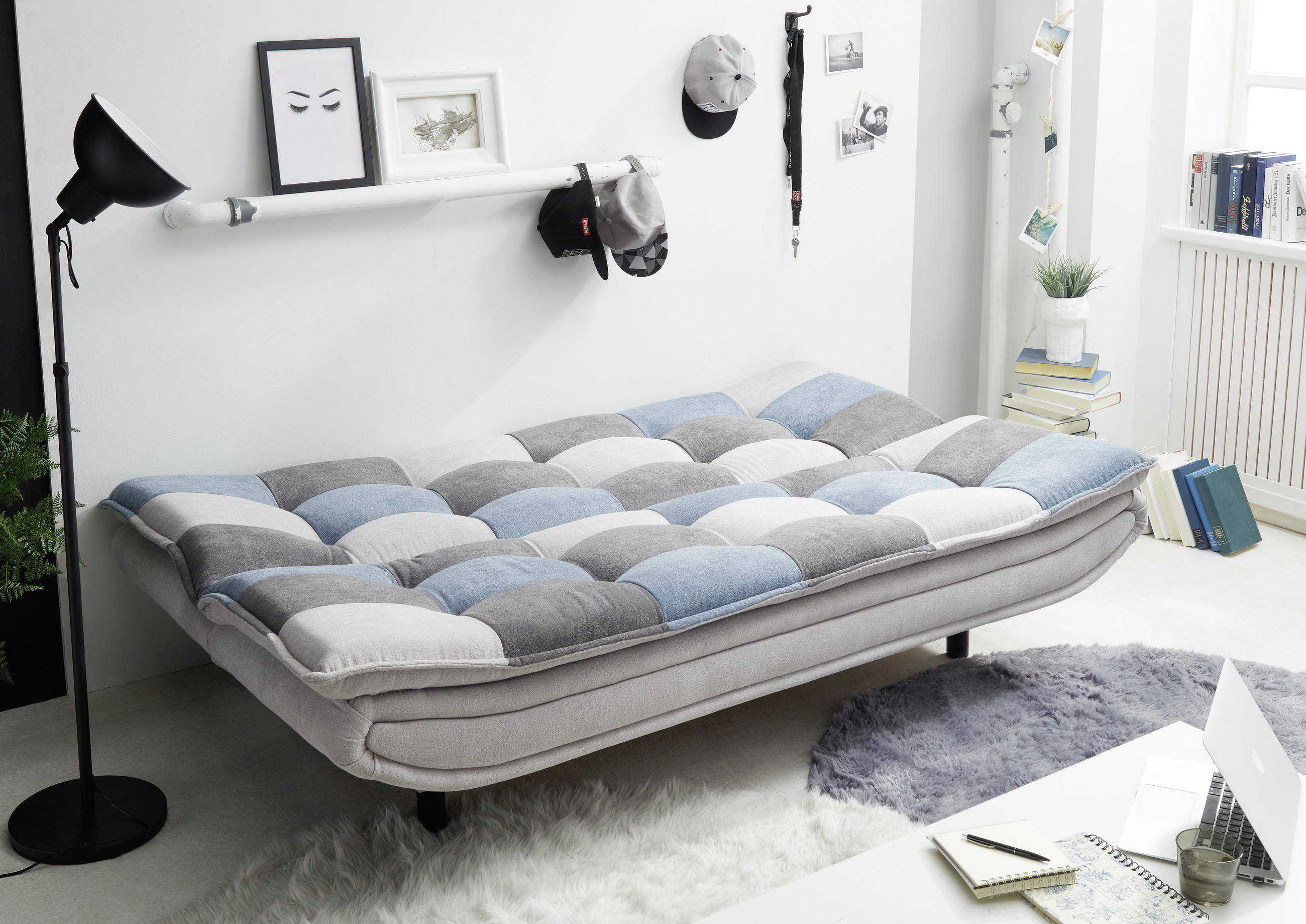 SCHLAFSOFA in Mikrovelours Blau, Silberfarben, Dunkelgrau  - Blau/Dunkelgrau, Basics, Kunststoff/Textil (188/90/89cm) - MID.YOU