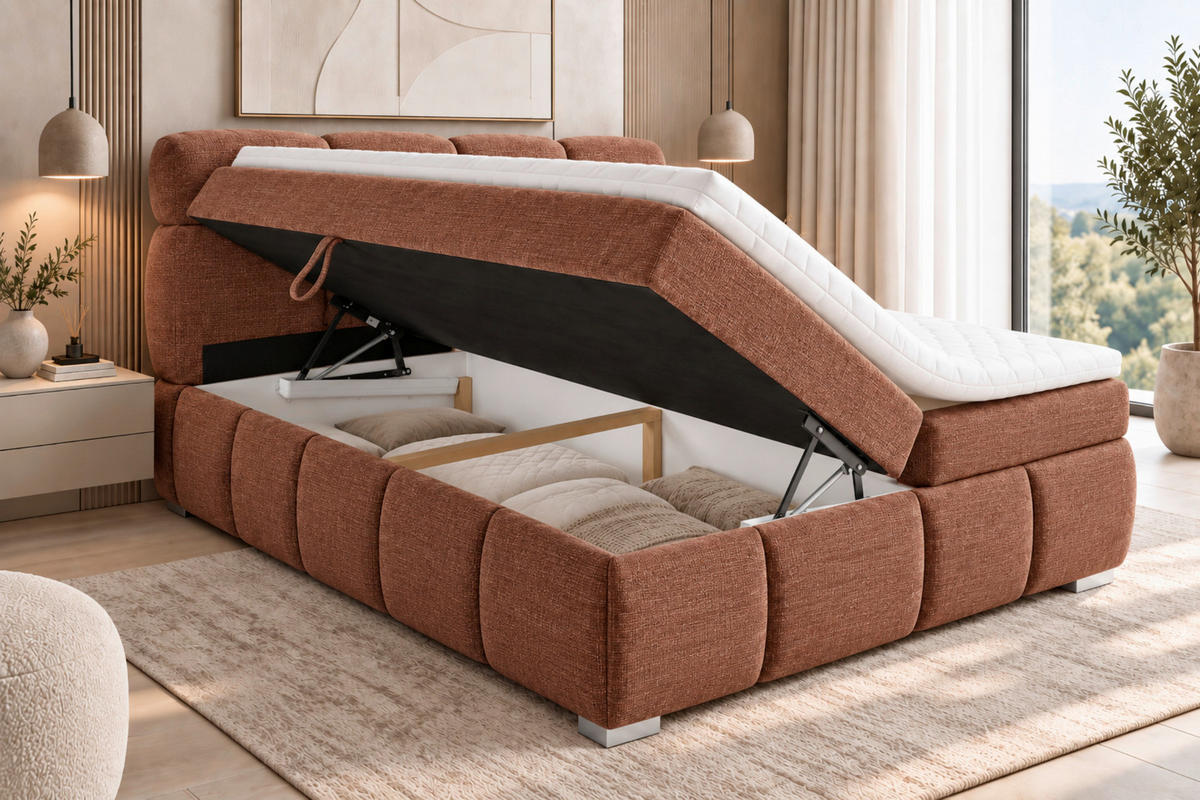 BOXBETT 140/200 cm,  in Terracotta, Bettkasten, Topper,  - Chromfarben/Terracotta, MODERN, Holz/Kunststoff (140/200cm) - MID.YOU