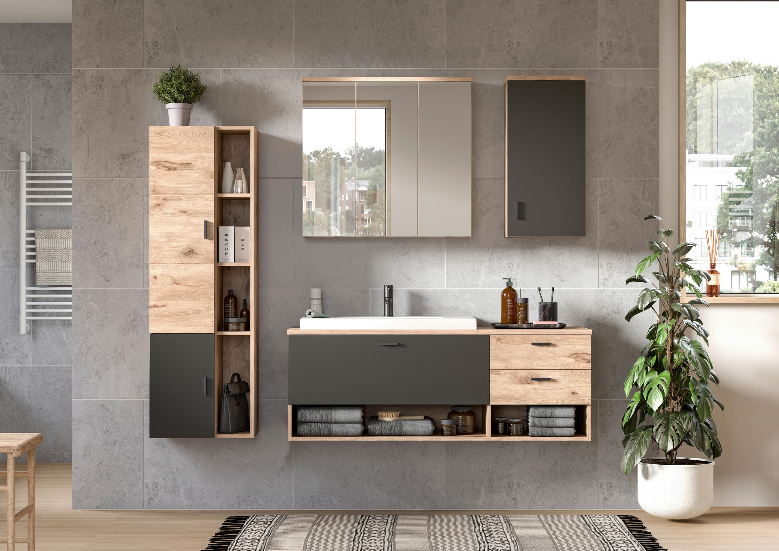 BADEZIMMER 5-teilig  in 182 cm  - Weiß Hochglanz/Schwarz, MODERN, Glas/Keramik (182cm) - MID.YOU