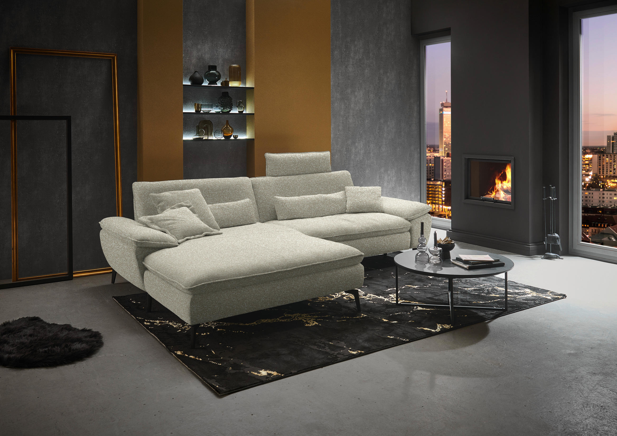 ECKSOFA in Webstoff Beige  - Beige/Schwarz, Design, Textil/Metall (197/295cm) - Valdera