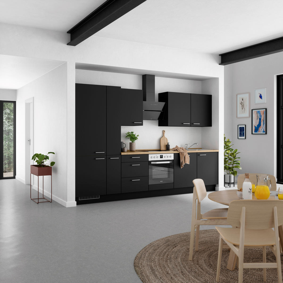 KÜCHENLEERBLOCK 330 cm   in Schwarz, Eichefarben  - Edelstahlfarben/Eichefarben, MODERN, Holzwerkstoff/Metall (330cm) - Nobilia
