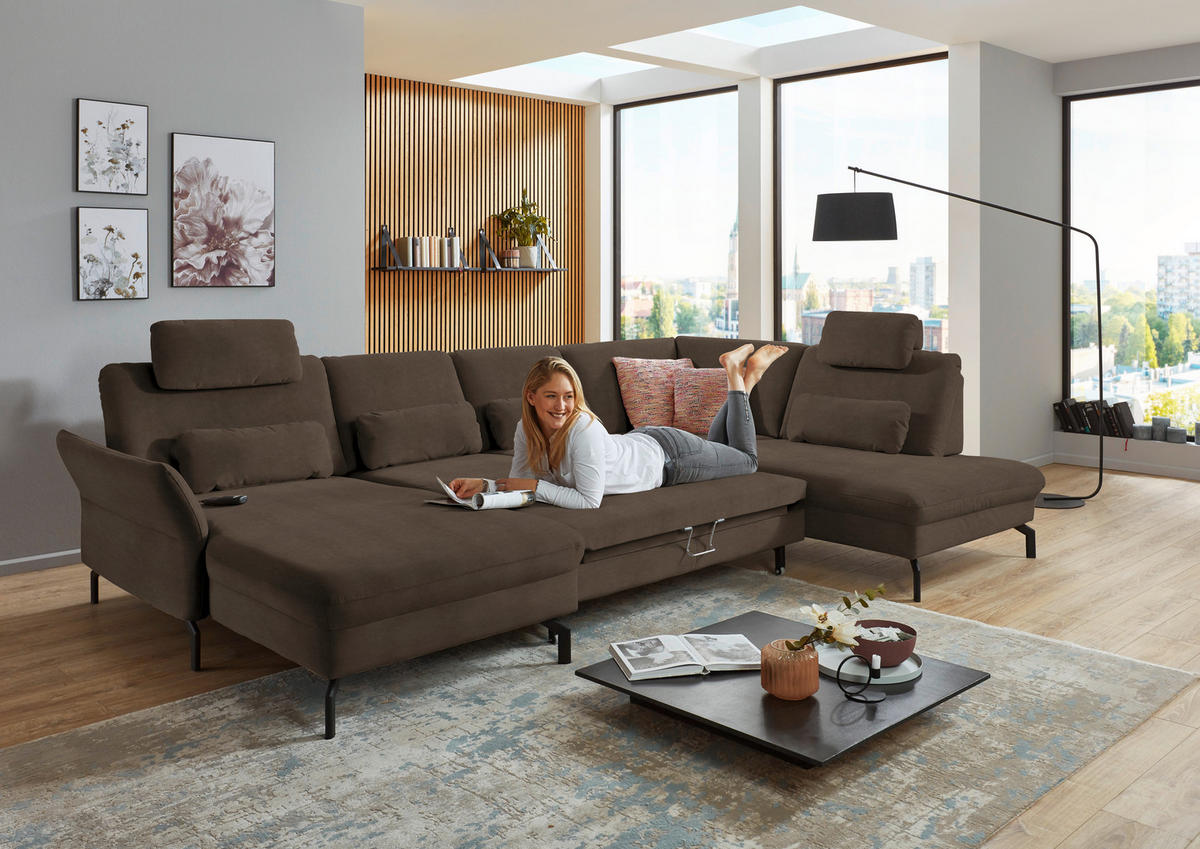 WOHNLANDSCHAFT in Velours Braun  - Schwarz/Braun, Design, Textil/Metall (179/335/220cm) - Beldomo System