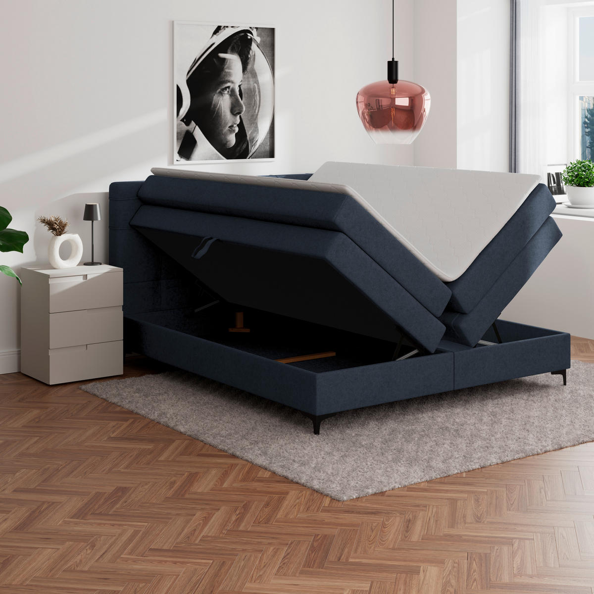 BOXSPRINGBETT 160/200 cm,  in Dunkelblau, H3 = fest  - Schwarz/Dunkelblau, KONVENTIONELL, Kunststoff/Textil (160/200cm)
