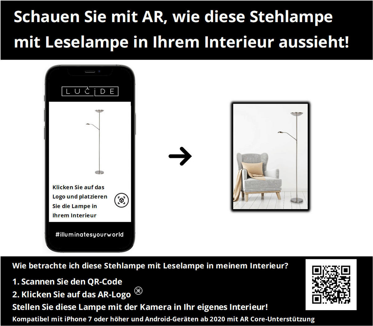 LED-STEHLEUCHTE ZENITH 25.4/53.2/180 cm   - Design, Metall (25.4/53.2/180cm) - Lucide