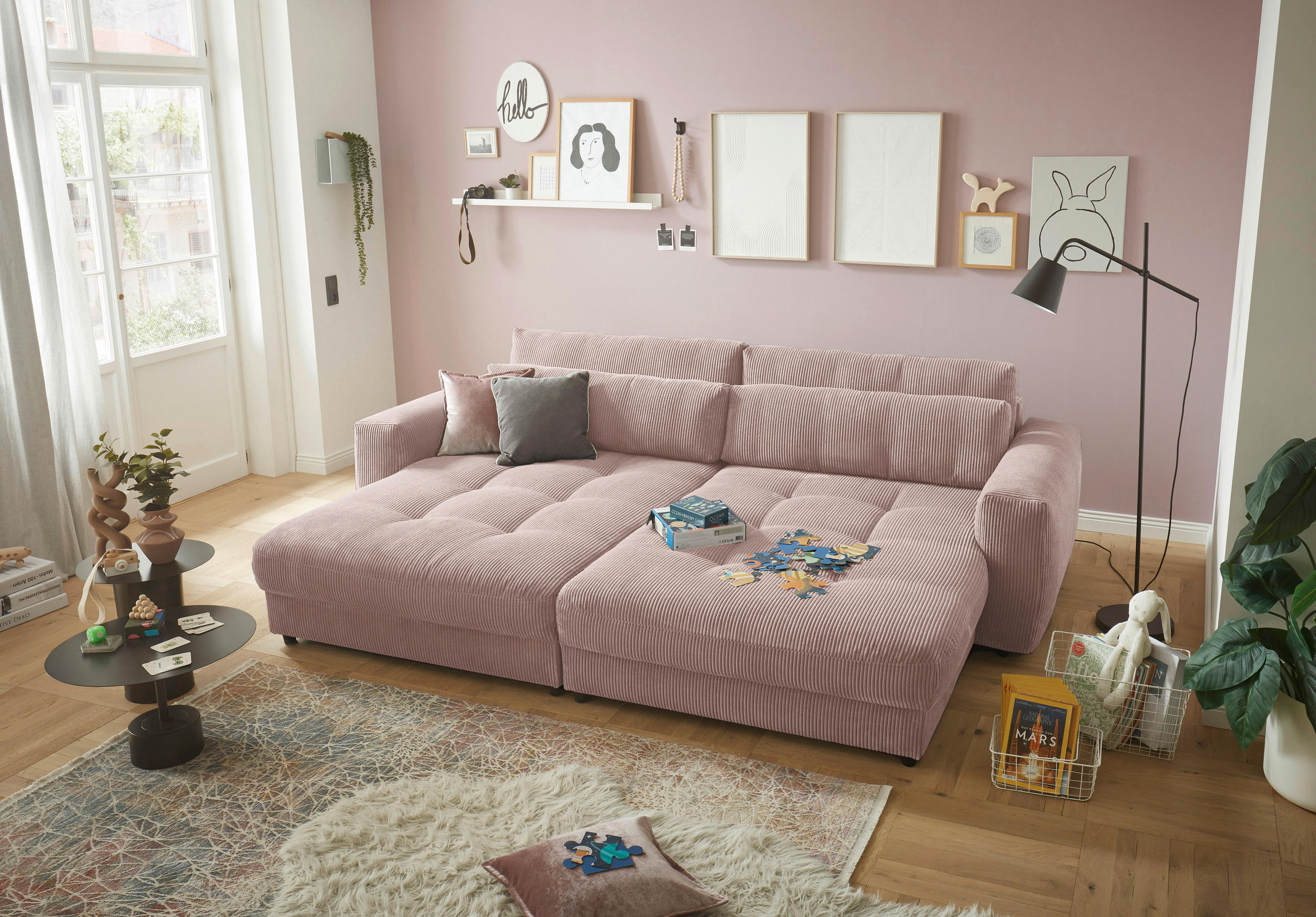 BIGSOFA in Cord Hellrosa  - Hellrosa/Schwarz, KONVENTIONELL, Holzwerkstoff/Kunststoff (292/90/194cm) - MID.YOU