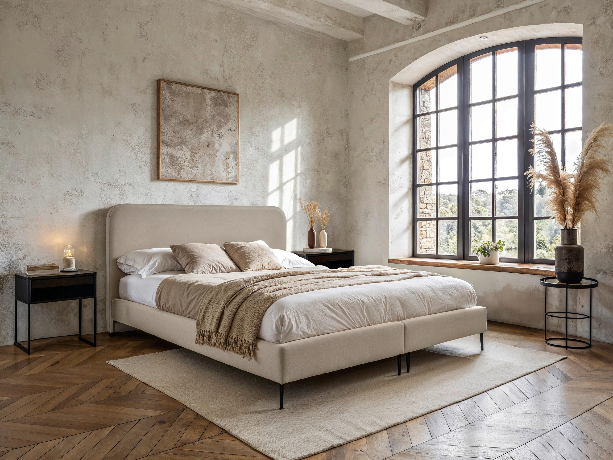 BOXSPRINGBETT 180/200 cm,  in Beige, Matratze, gepolstertes Kopfteil, Topper, H2 = mittel  - Beige/Schwarz, MODERN, Holzwerkstoff/Textil (180/200cm) - MID.YOU