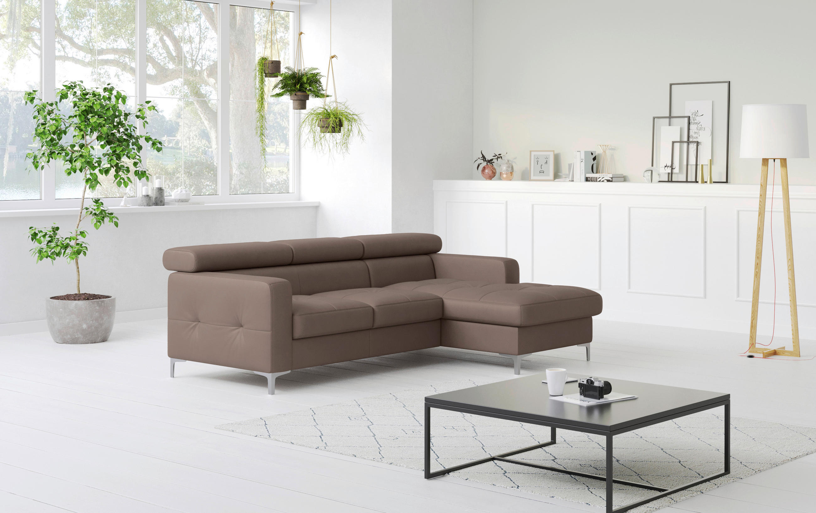 ECKSOFA in Echtleder Hellbraun  227/168 cm  - Chromfarben/Hellbraun, Design, Leder/Metall (227/168cm) - Livetastic