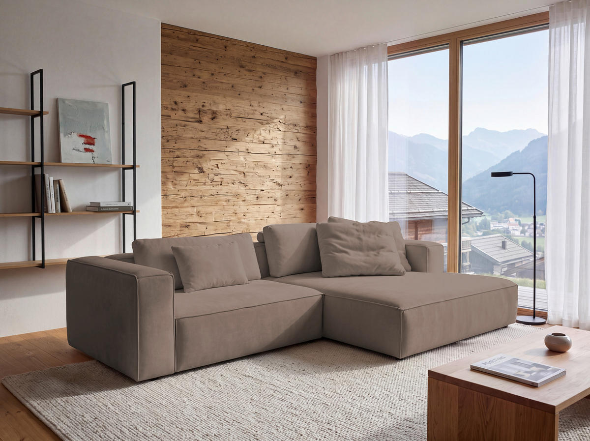 ECKSOFA Taupe Chenille Rücken echt  - Taupe/Schwarz, MODERN, Kunststoff/Textil (296/185cm) - Hom`in