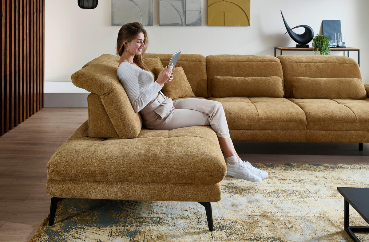 ECKSOFA Beldomo System Dunkelgelb Chenille Rücken echt, Kopfteilverstellung  - Dunkelgelb/Schwarz, Design, Textil/Metall (235/311cm) - Beldomo System