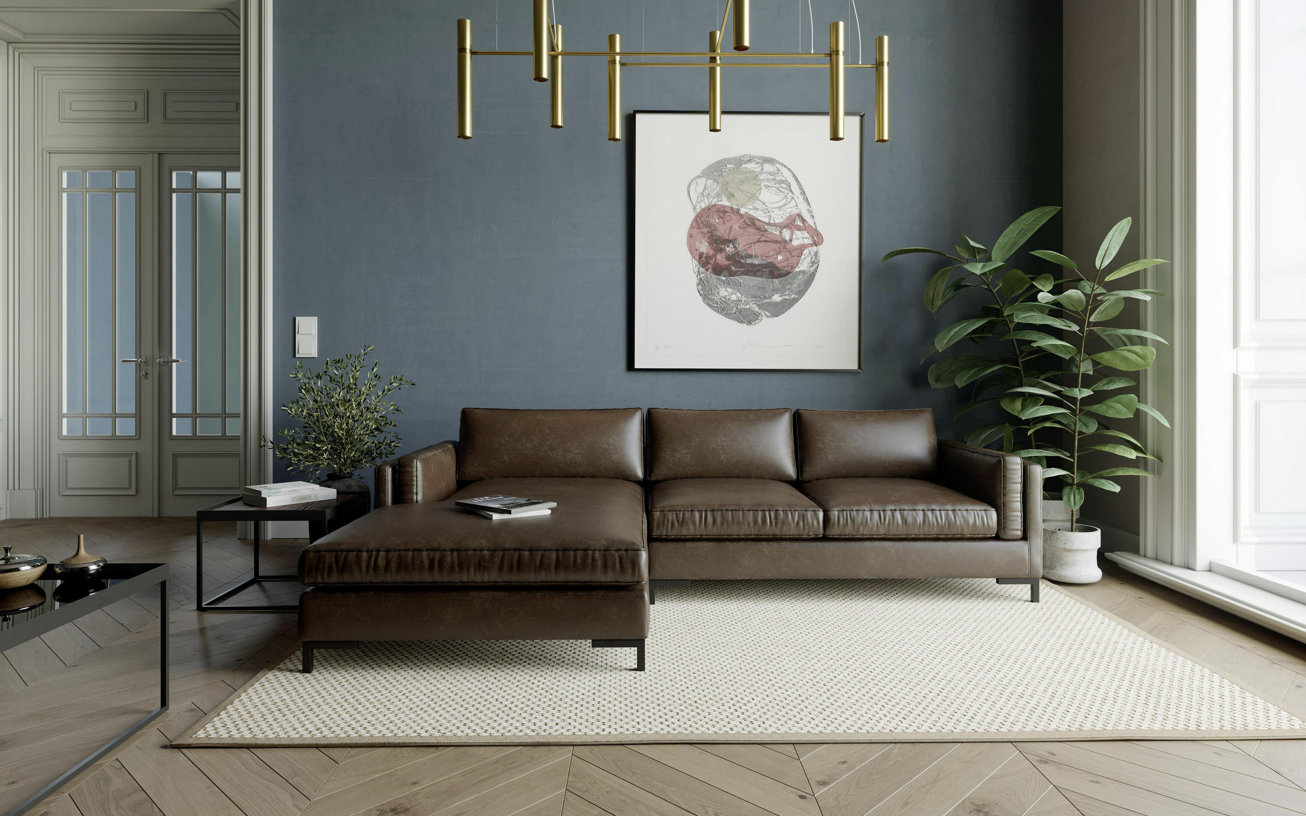 ECKSOFA Kastanienfarben Lederlook, Flachgewebe  - Kastanienfarben/Schwarz, Design, Textil/Metall (160/265cm) - Livetastic