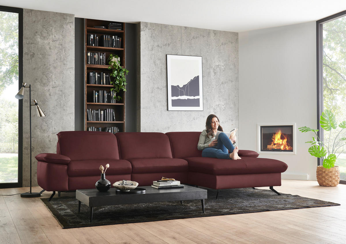 ECKSOFA  Echtleder Beere  - Beere/Schwarz, Design, Leder/Metall (307/169cm) - Beldomo Premium