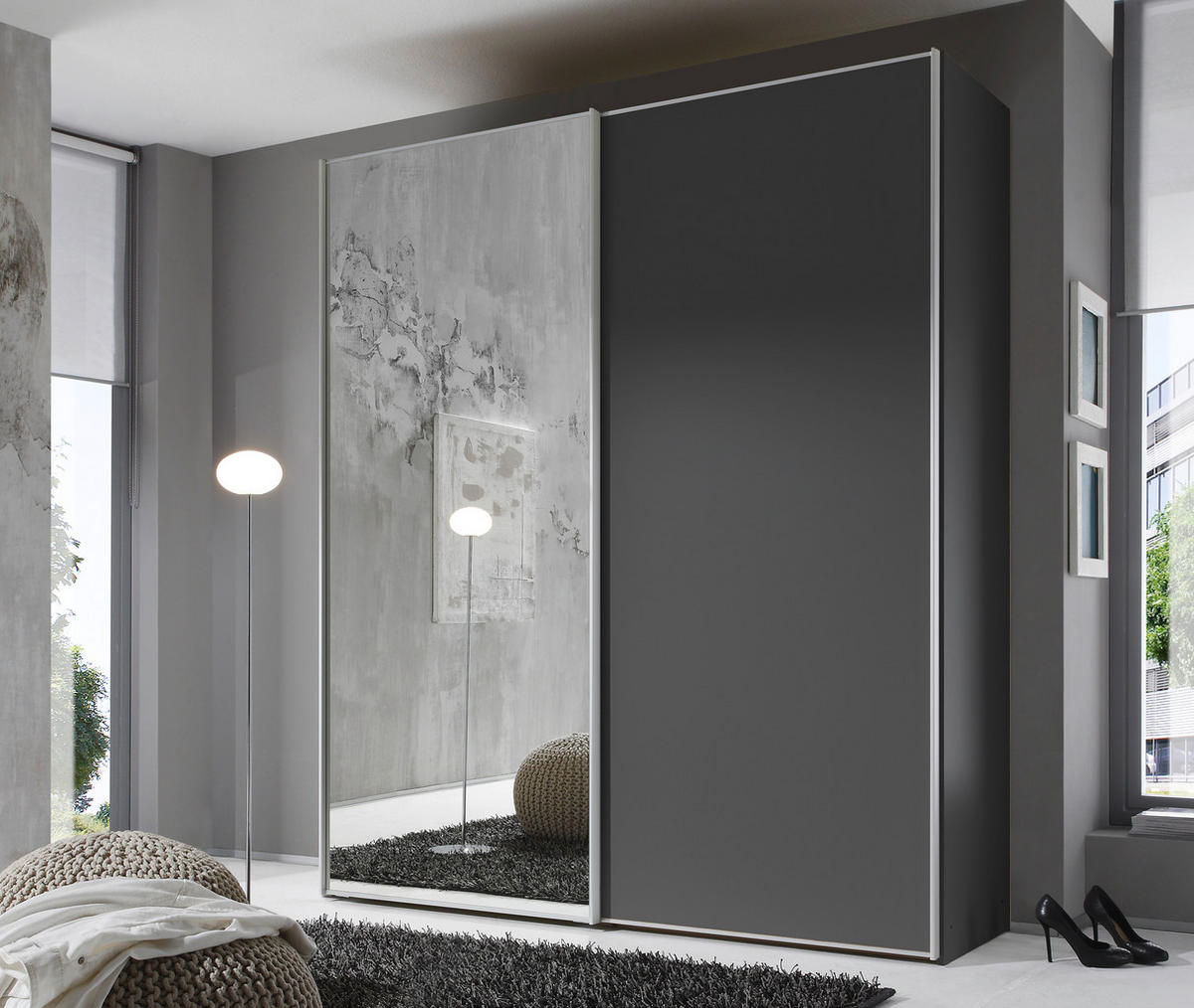 SCHWEBETÜRENSCHRANK  in Dunkelgrau  - Dunkelgrau/Alufarben, Design, Glas/Holzwerkstoff (167/222/68cm) - Moderano