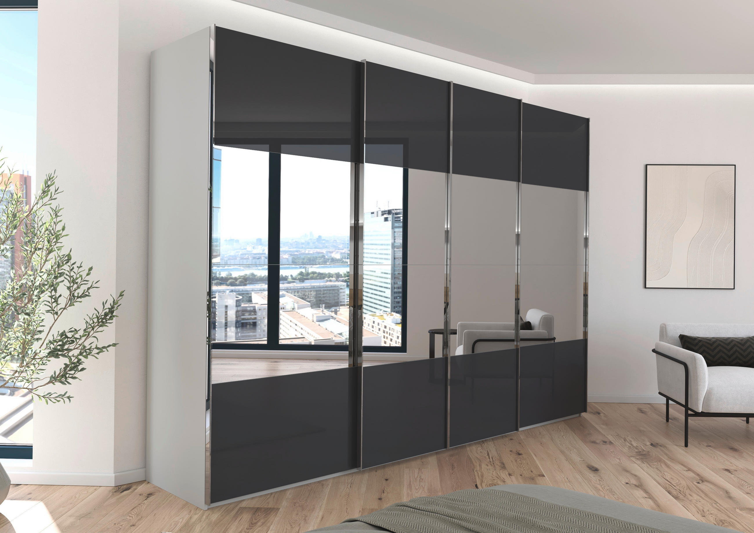 SCHWEBETÜRENSCHRANK 316/223/68 cm 4-türig Grau, Schwarz  - Chromfarben/Schwarz, Design, Glas/Holzwerkstoff (316/223/68cm) - Novel
