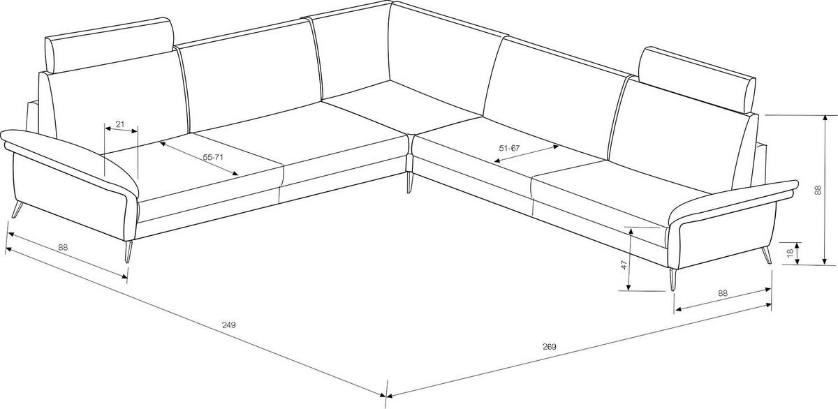 ECKSOFA Platinfarben Flachgewebe  - Platinfarben/Schwarz, KONVENTIONELL, Textil/Metall (273/253cm) - Pure Home Comfort