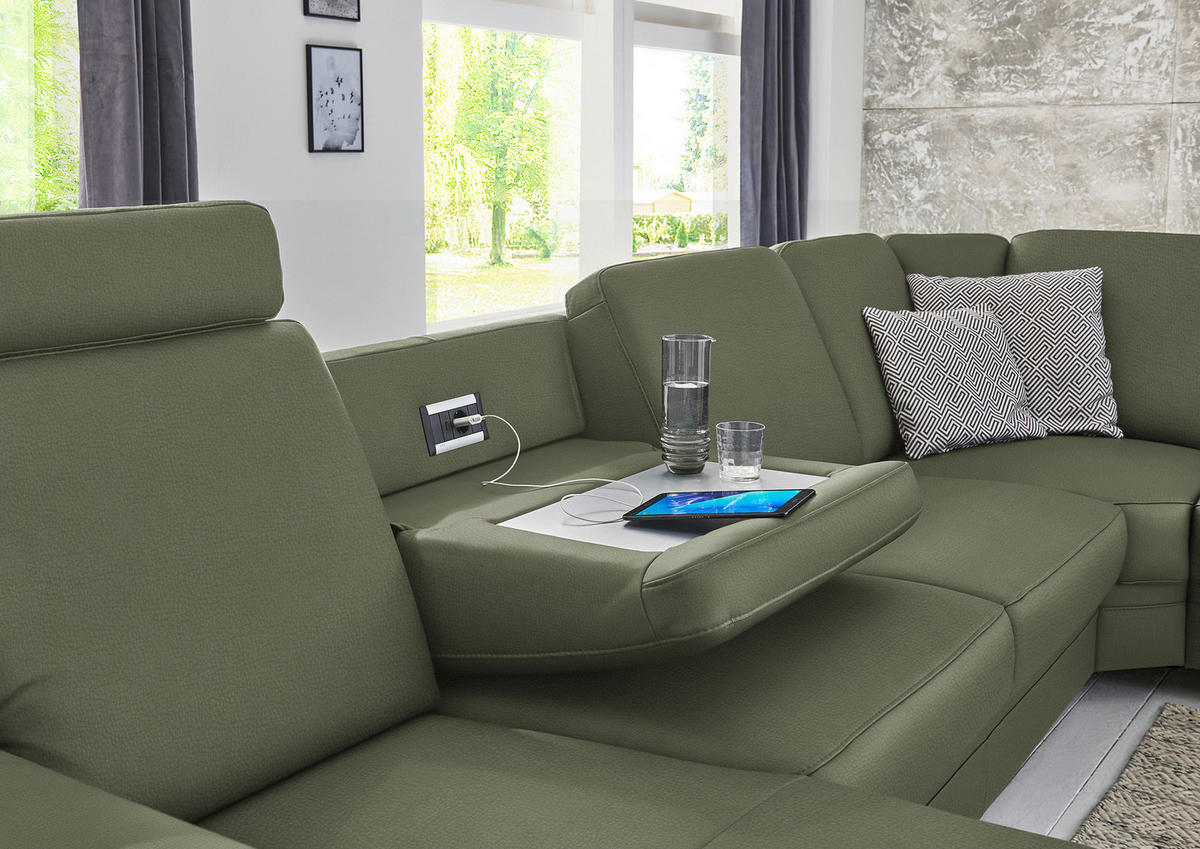 WOHNLANDSCHAFT Echtleder Olivgrün  - Alufarben/Olivgrün, Konventionell, Leder/Metall (165/329/239cm) - Beldomo Premium