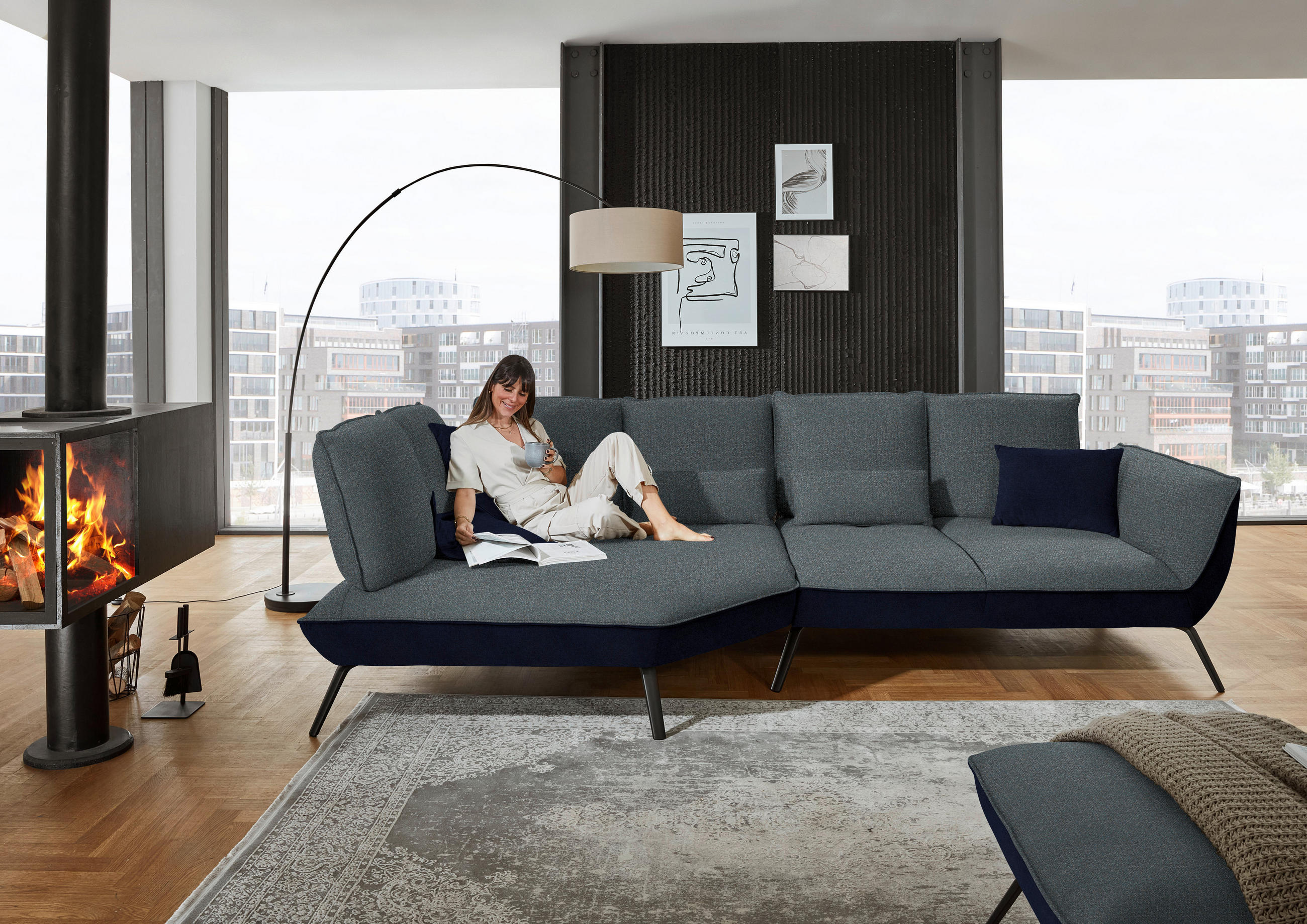 ECKSOFA in Flachgewebe Blaugrau  169/320 cm  - Blaugrau/Schwarz, Design, Textil/Metall (169/320cm) - Moderano