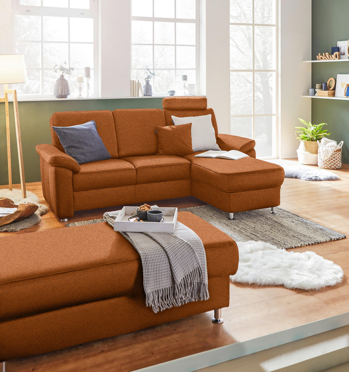 ECKSOFA  in Webstoff Cognac  220/163 cm  - Chromfarben/Cognac, KONVENTIONELL, Textil/Metall (220/163cm) - Beldomo System