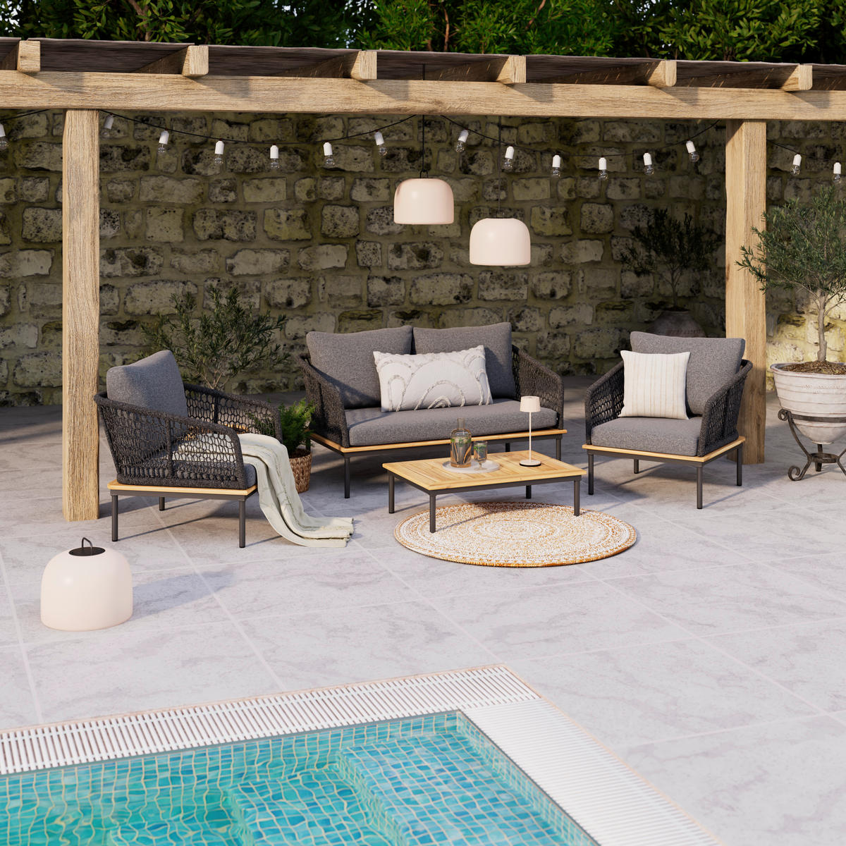 KERTI BÚTORSZETT  - akáciaszínű/antracit, Modern, textil/fa - Ambia Garden