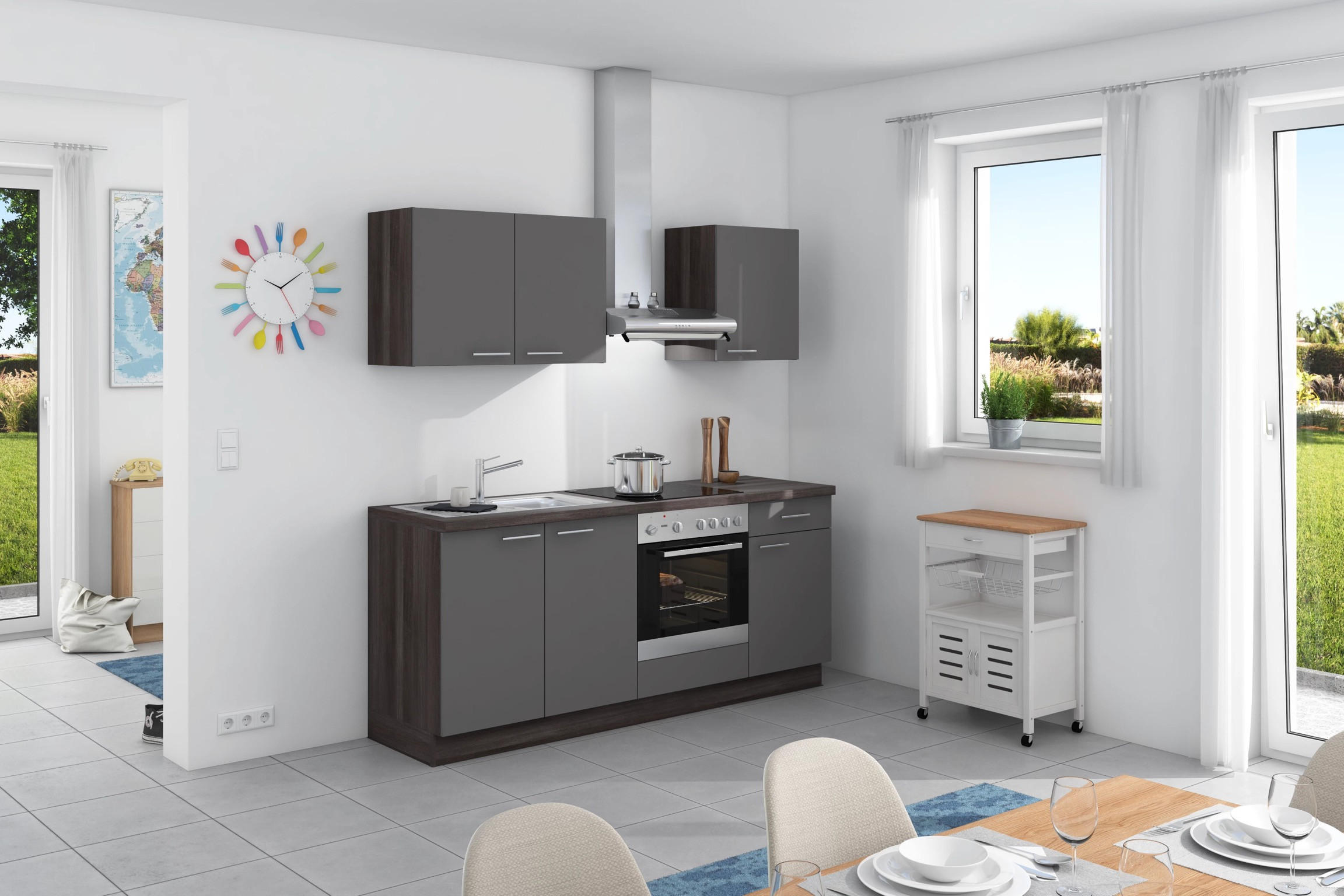 Küchenzeile Base ohne Geräte 200 cm Anthrazit/Eiche Grau