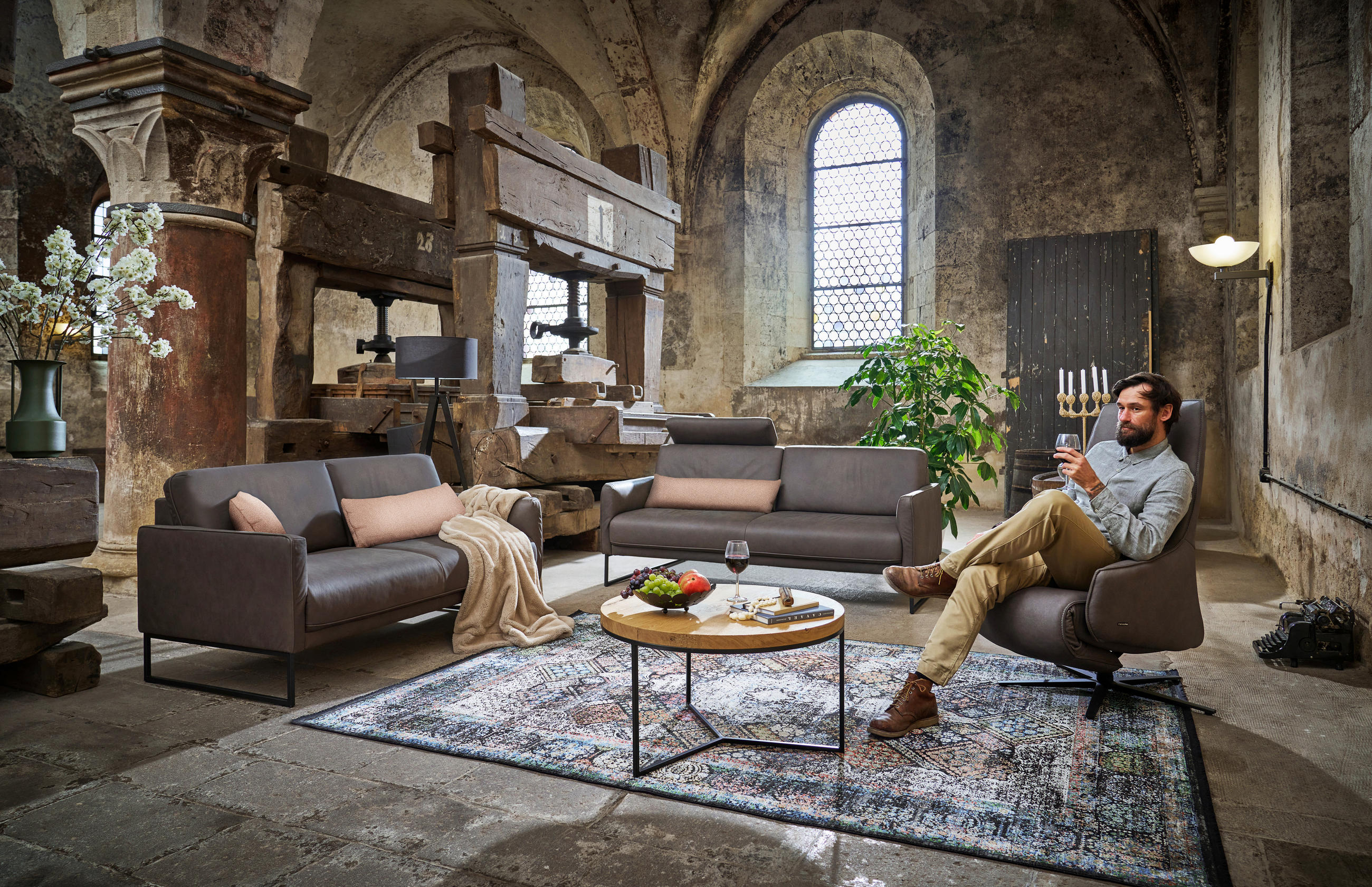 3-SITZER-SOFA Echtleder Braun  - Anthrazit/Braun, Design, Leder/Metall (198/86/93cm) - Johann Jakob