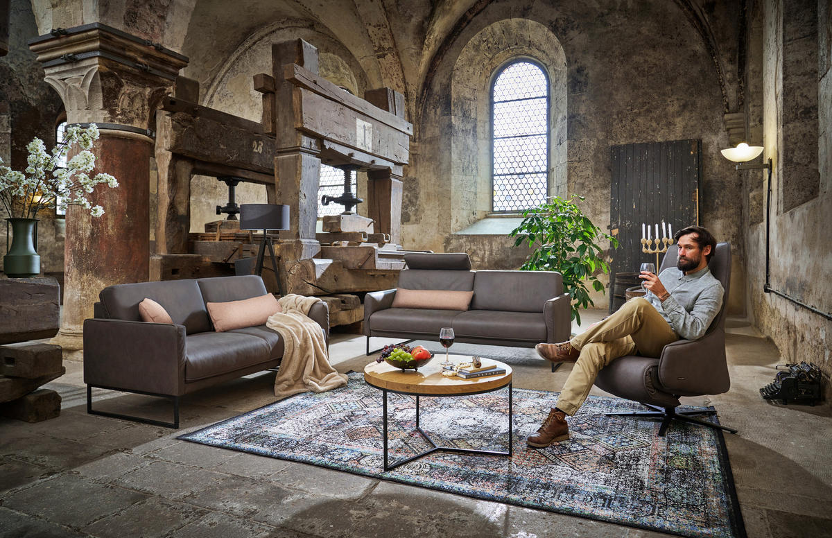 3-SITZER-SOFA in Echtleder Braun  - Anthrazit/Braun, Design, Leder/Metall (198/86/93cm) - Johann Jakob