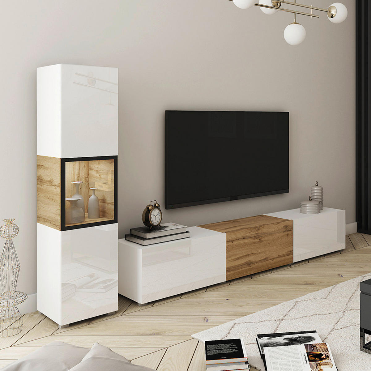 WOHNWAND 2-teilig  Weiss, Eiche Wotan 210/130/32,5 cm  - Weiss/Eiche Wotan, Design, Glas/Holzwerkstoff (210/130/32,5cm) - P & B